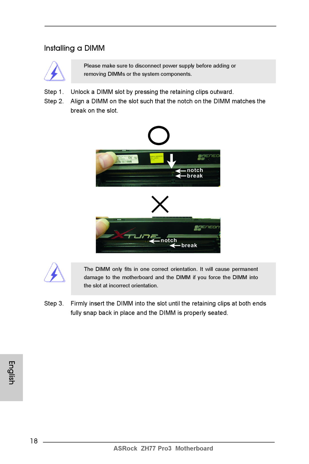 ASRock ZH77 Pro3 manual Installing a Dimm, Notch break Break 