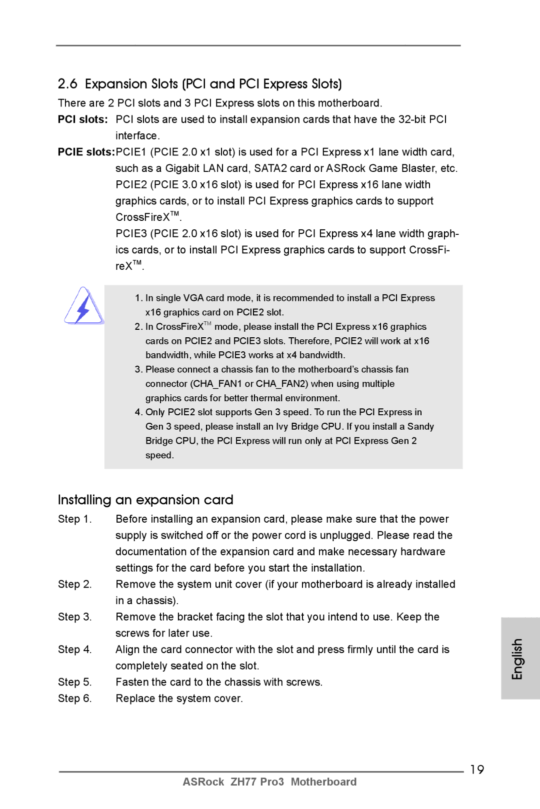 ASRock ZH77 Pro3 manual Expansion Slots PCI and PCI Express Slots, Installing an expansion card 