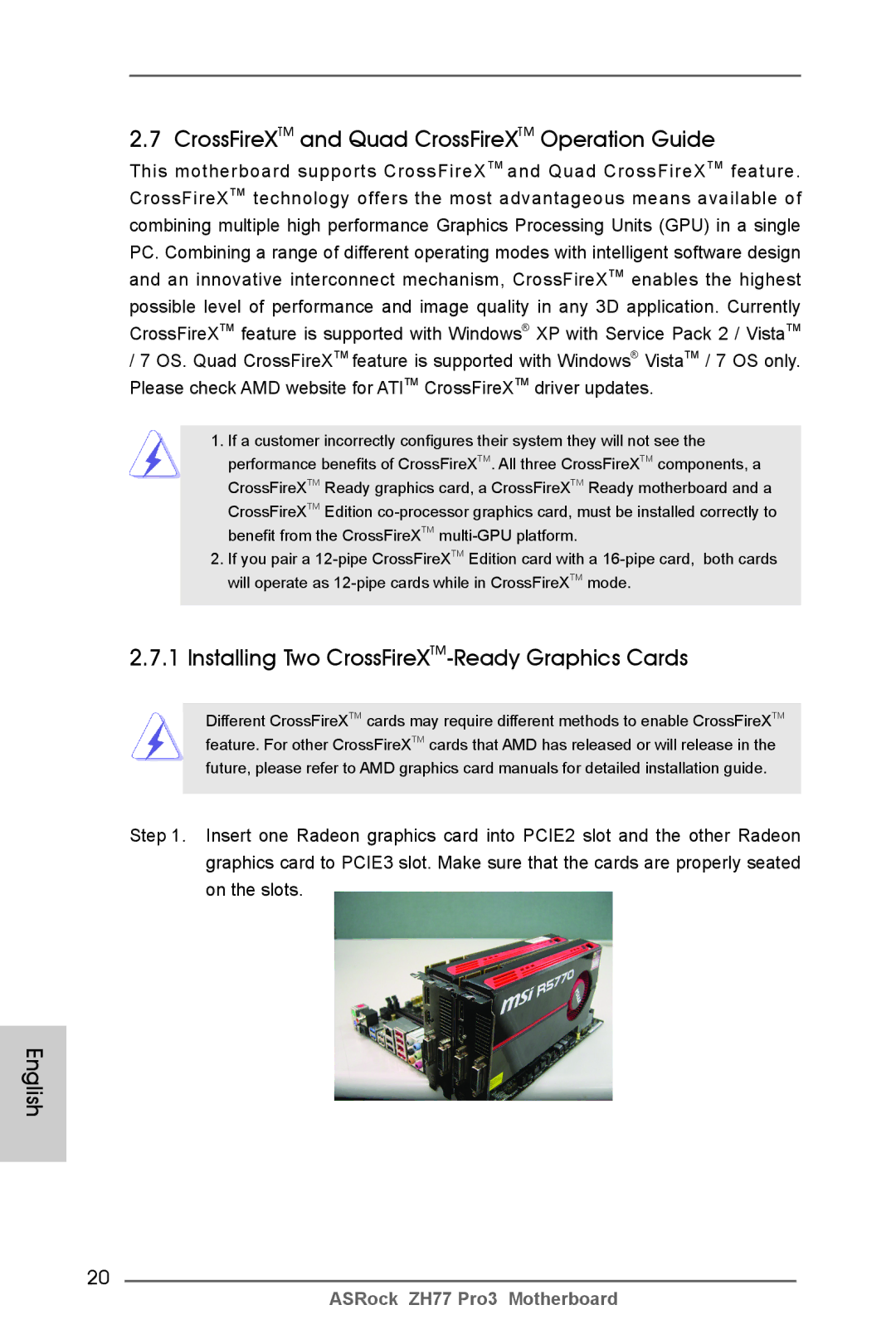 ASRock ZH77 Pro3 CrossFireXTM and Quad CrossFireXTM Operation Guide, Installing Two CrossFireXTM-Ready Graphics Cards 