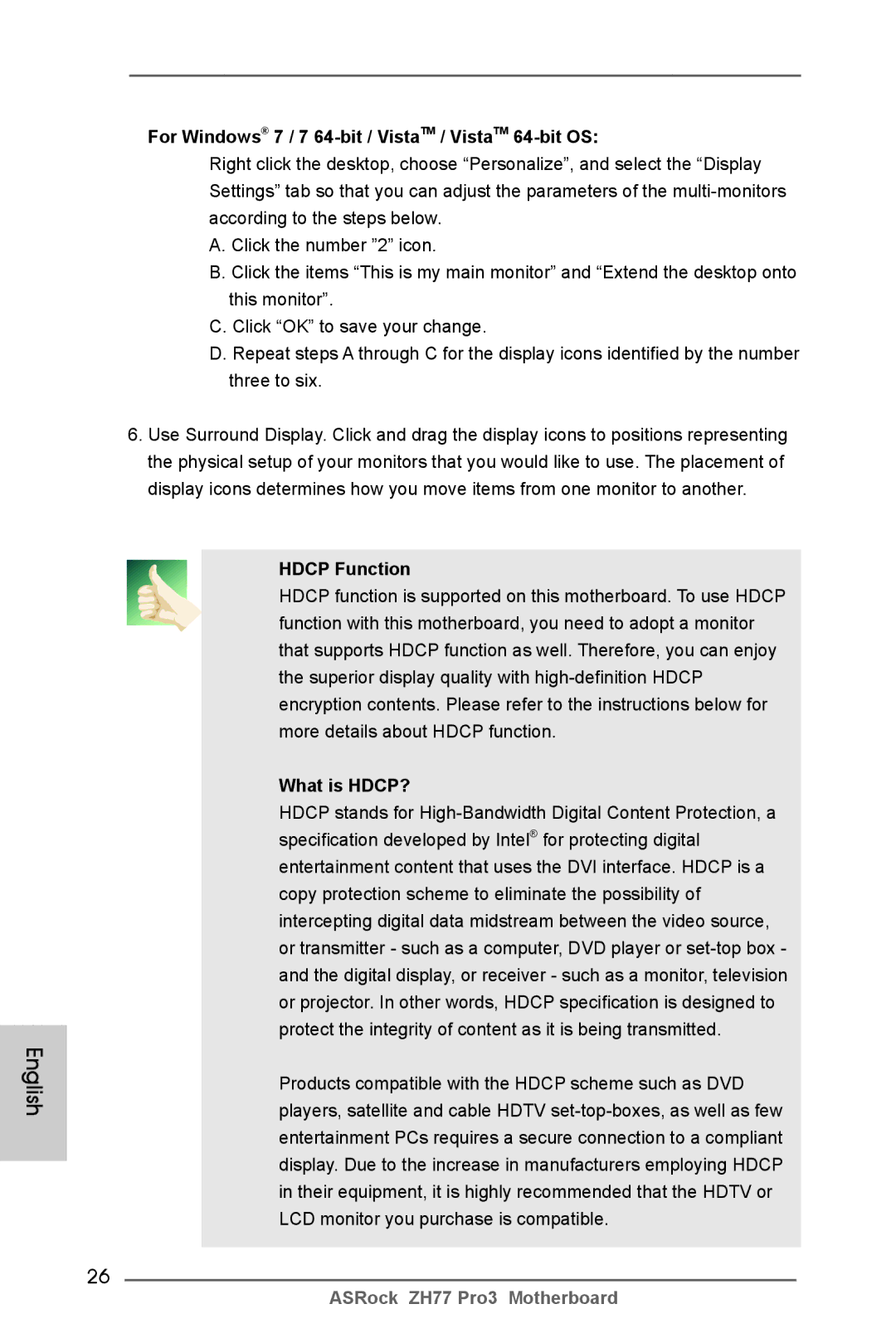 ASRock ZH77 Pro3 manual For Windows 7 / 7 64-bit / VistaTM / VistaTM 64-bit OS, Hdcp Function, What is HDCP? 