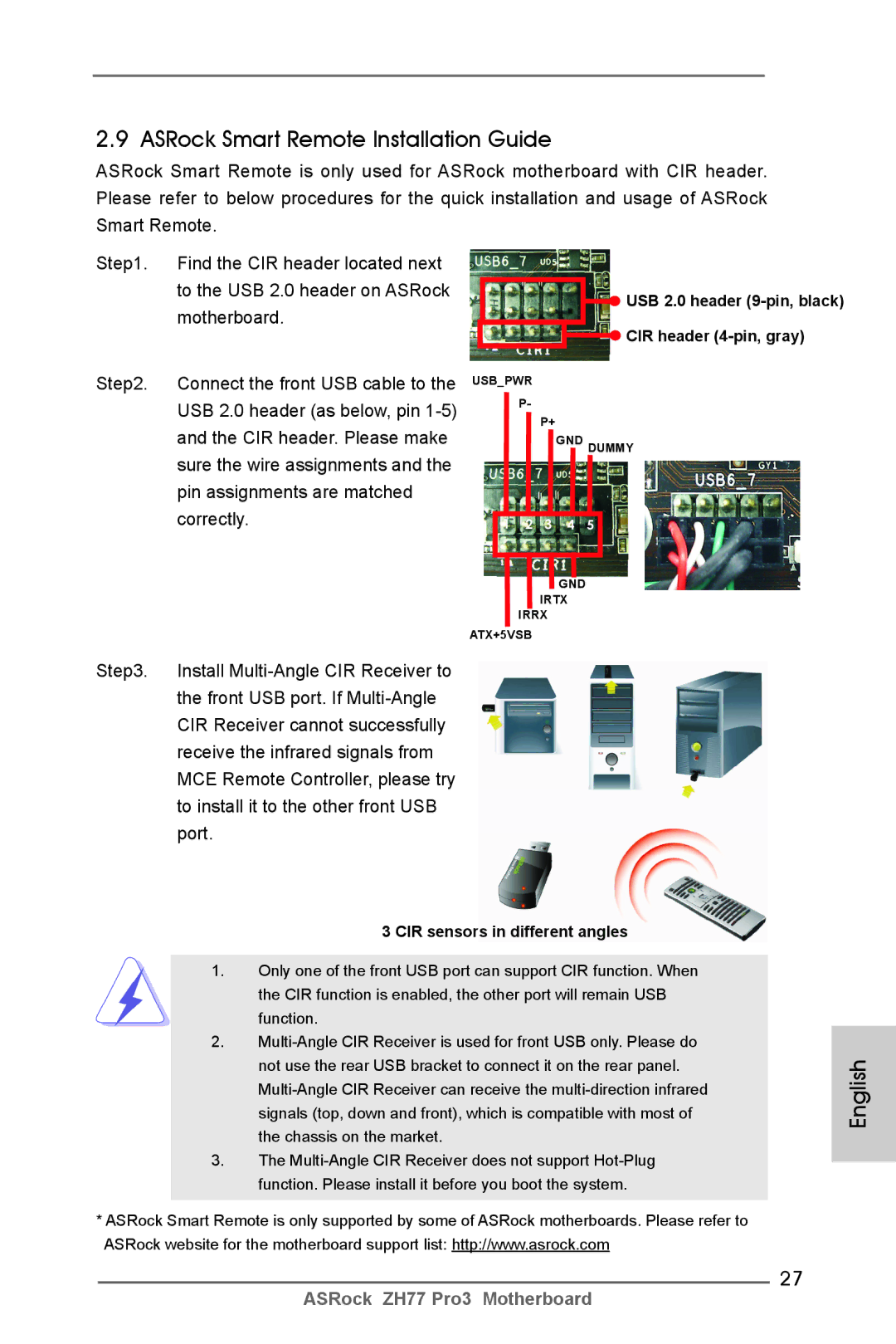 ASRock ZH77 Pro3 manual ASRock Smart Remote Installation Guide, CIR sensors in different angles 