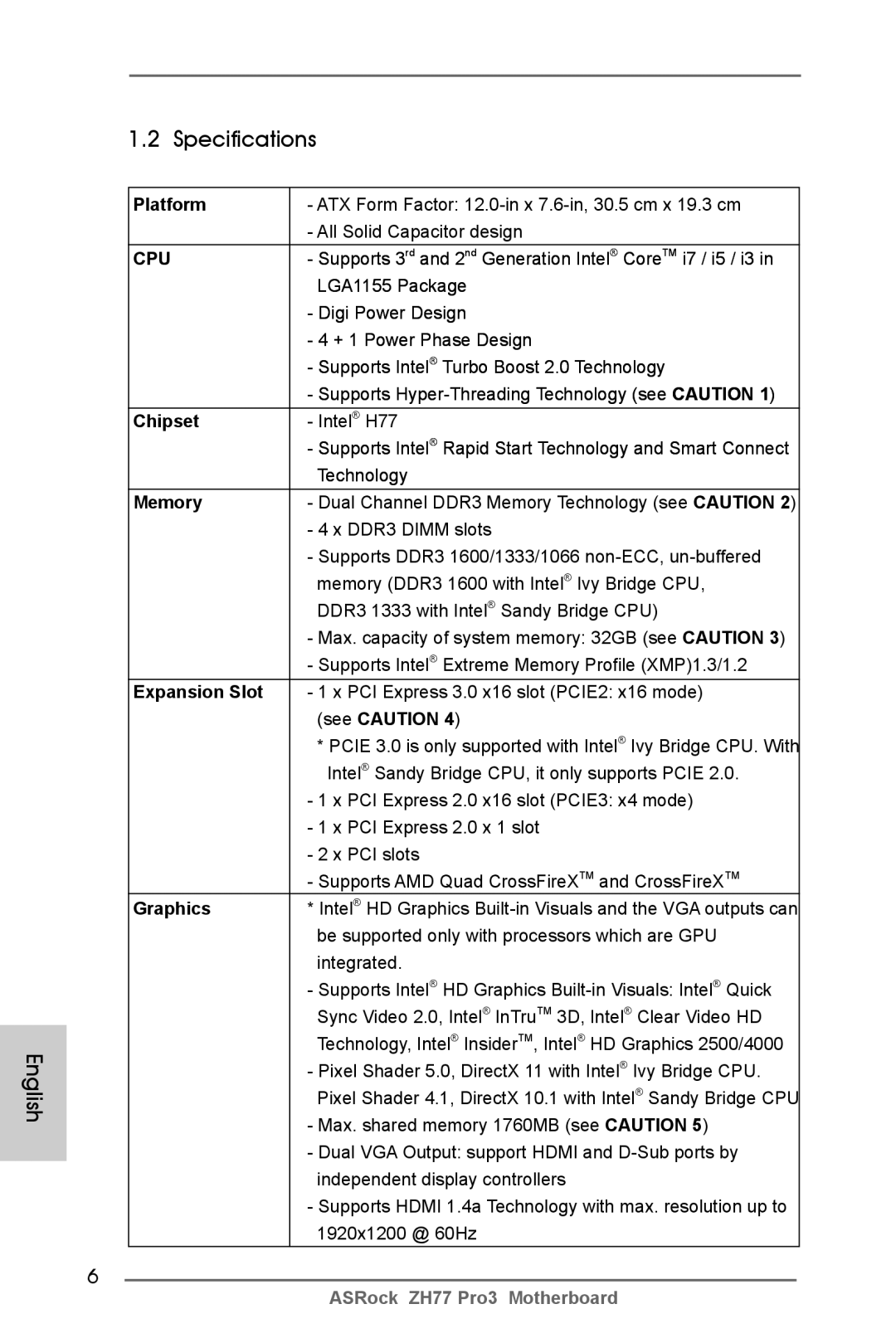 ASRock ZH77 Pro3 manual English Specifications 