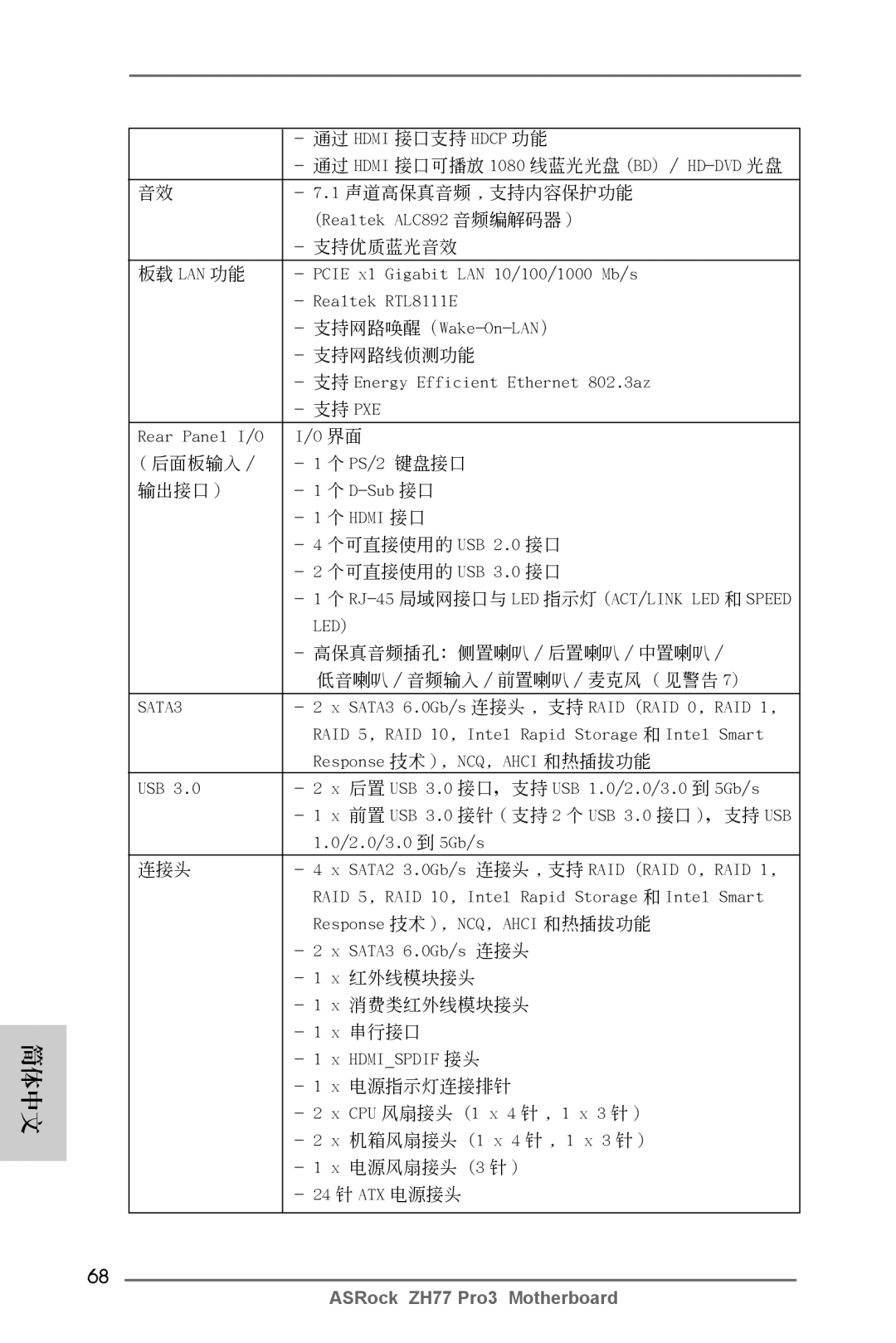 ASRock ZH77 Pro3 manual 通過 Hdmi 接口支持 Hdcp 功能 通過 Hdmi 接口可播放 1080 線藍光光盤 BD, Realtek ALC892 音頻編解碼器, PS/2 鍵盤接口, D-Sub 接口 