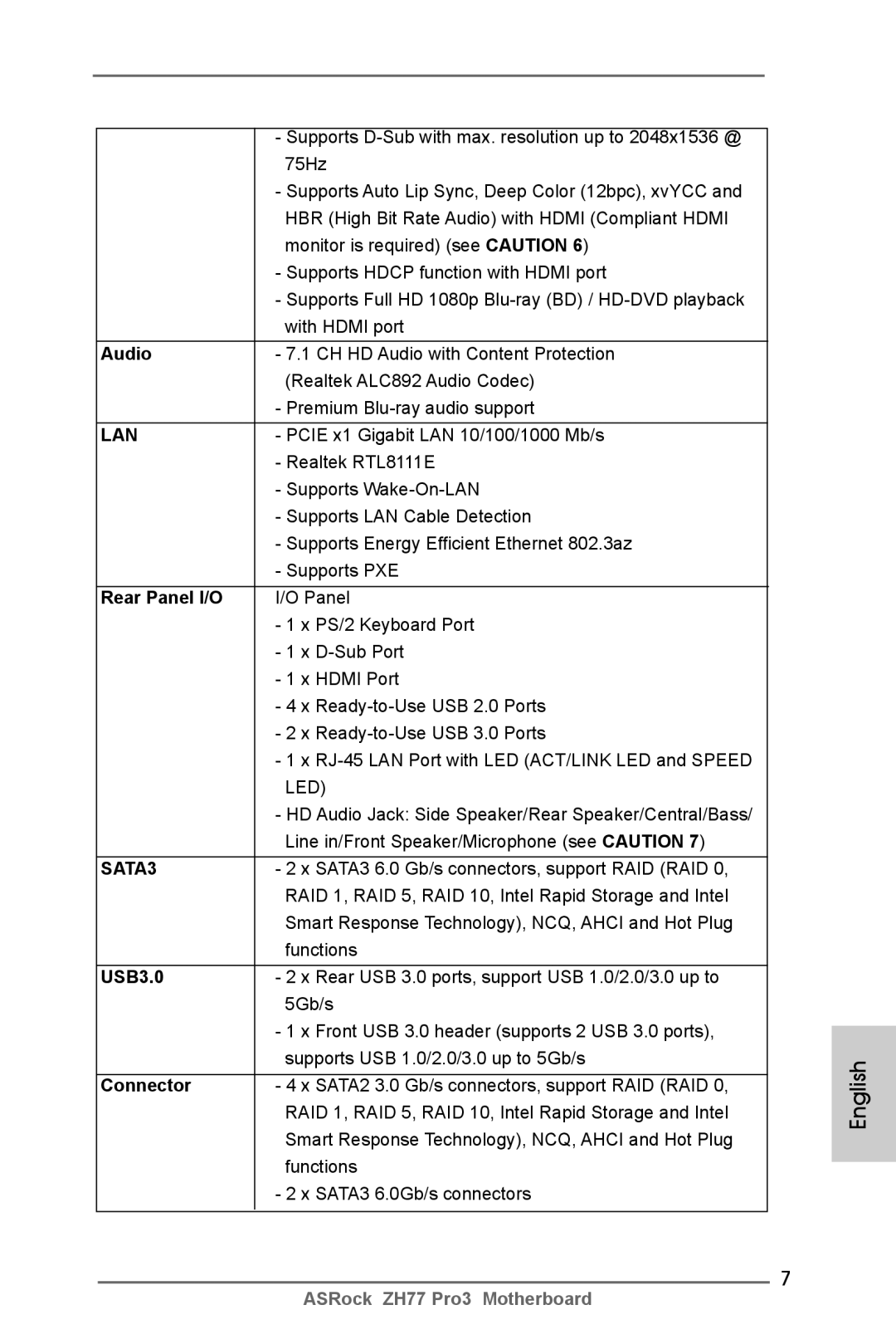 ASRock ZH77 Pro3 manual Audio, Rear Panel I/O, USB3.0, Connector 