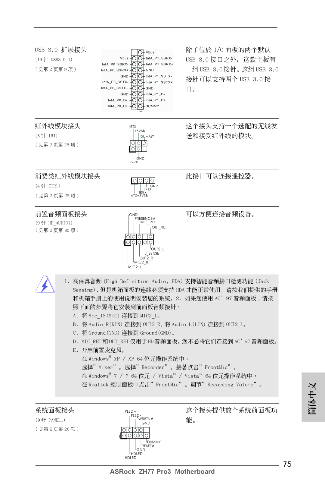 ASRock ZH77 Pro3 manual USB 3.0 擴展接頭, 可以方便連接音頻設備。 