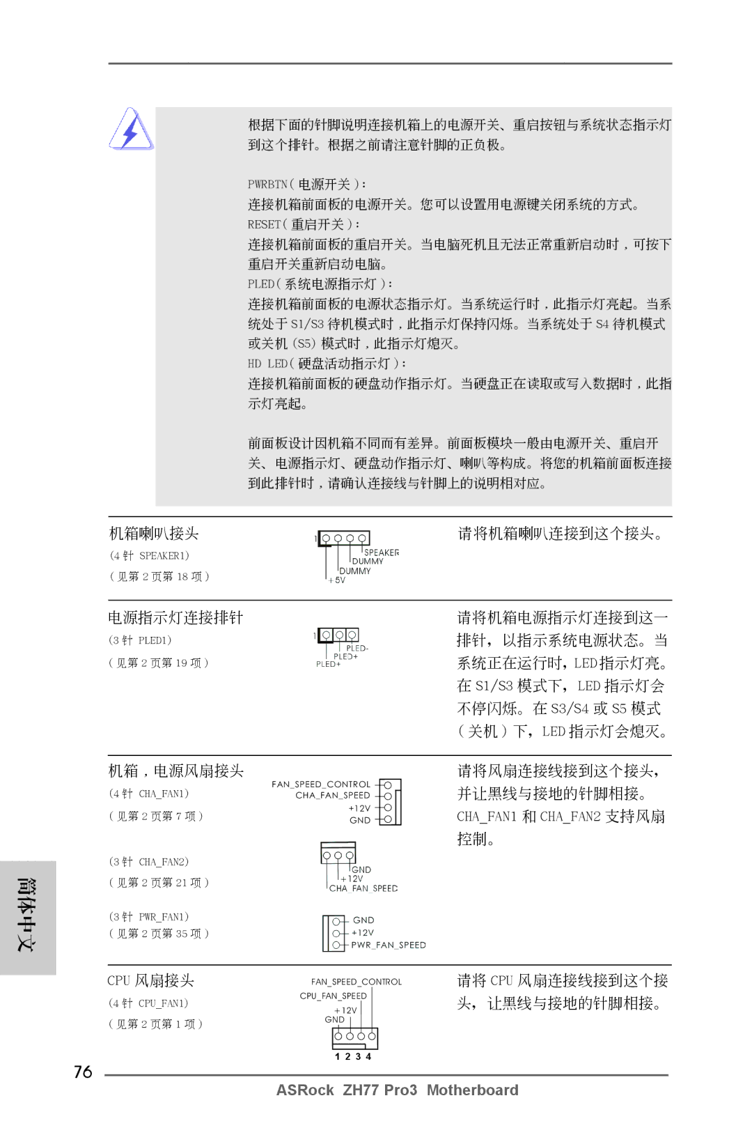 ASRock ZH77 Pro3 manual 控制。, Cpu 風扇接頭 