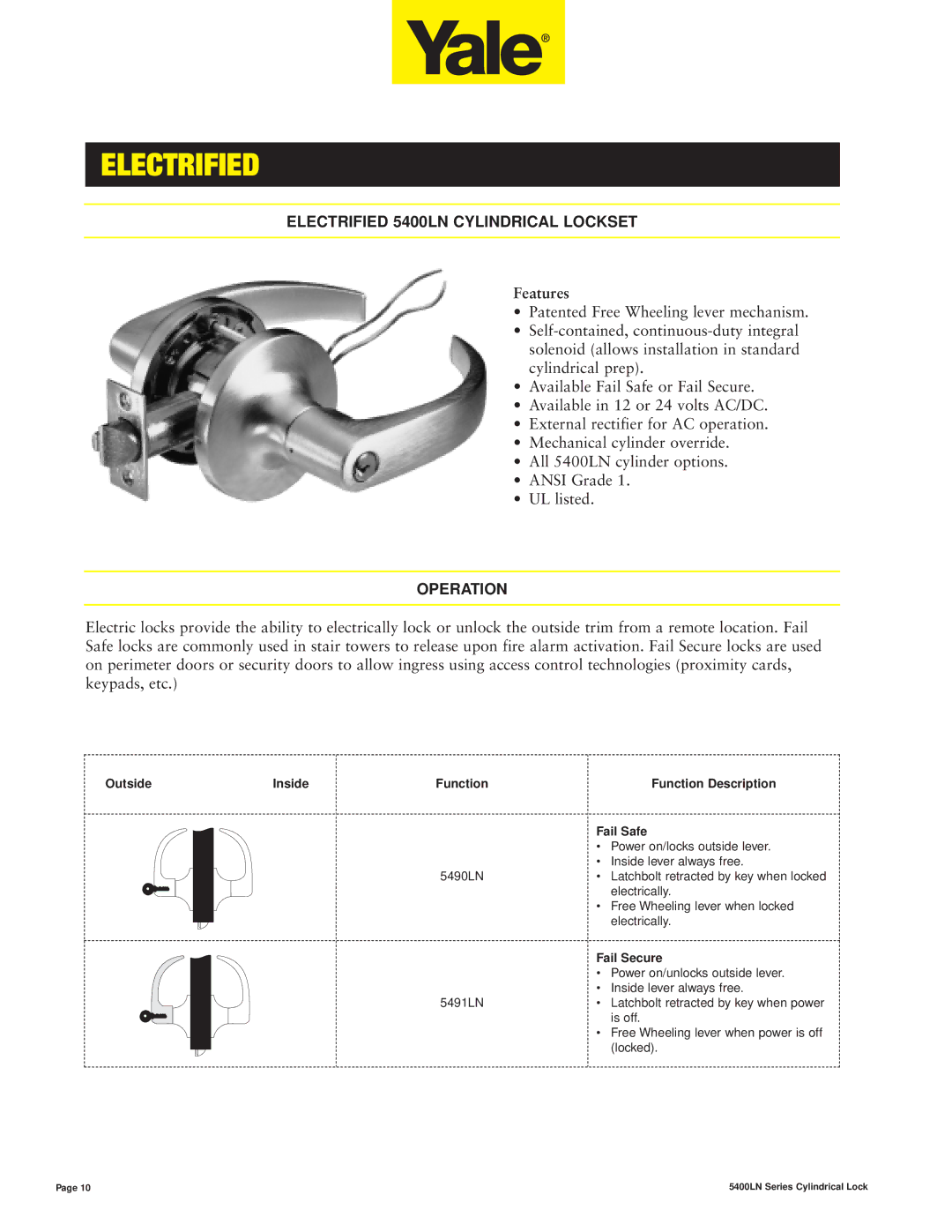 Assa 5400LN SERIES manual Electrified 5400LN Cylindrical Lockset, Operation 