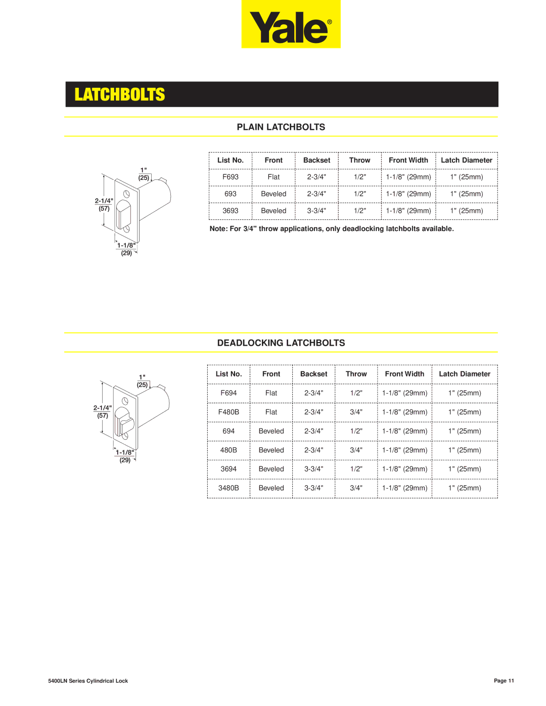 Assa 5400LN SERIES manual Plain Latchbolts, Deadlocking Latchbolts, List No 