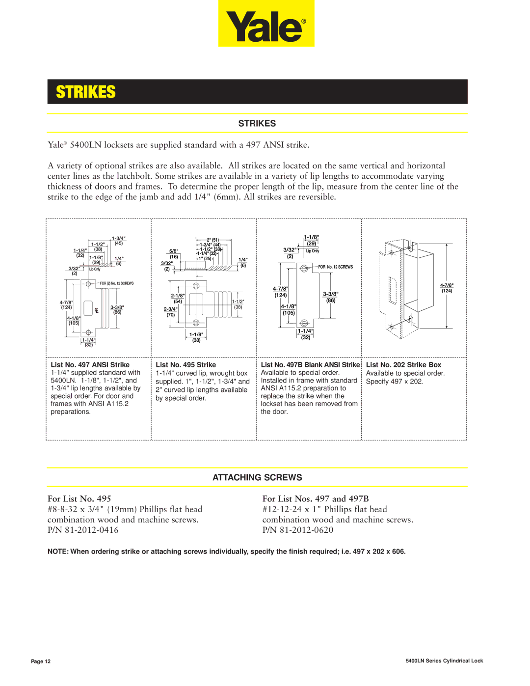 Assa 5400LN SERIES manual Strikes, Attaching Screws, List No Ansi Strike, List No Strike 