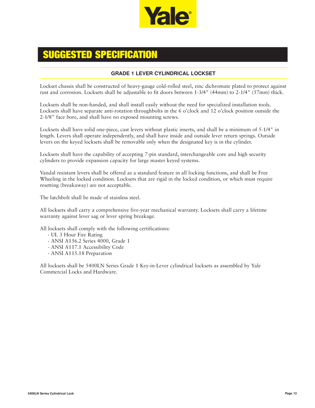 Assa 5400LN SERIES manual Suggested Specification, Grade 1 Lever Cylindrical Lockset 