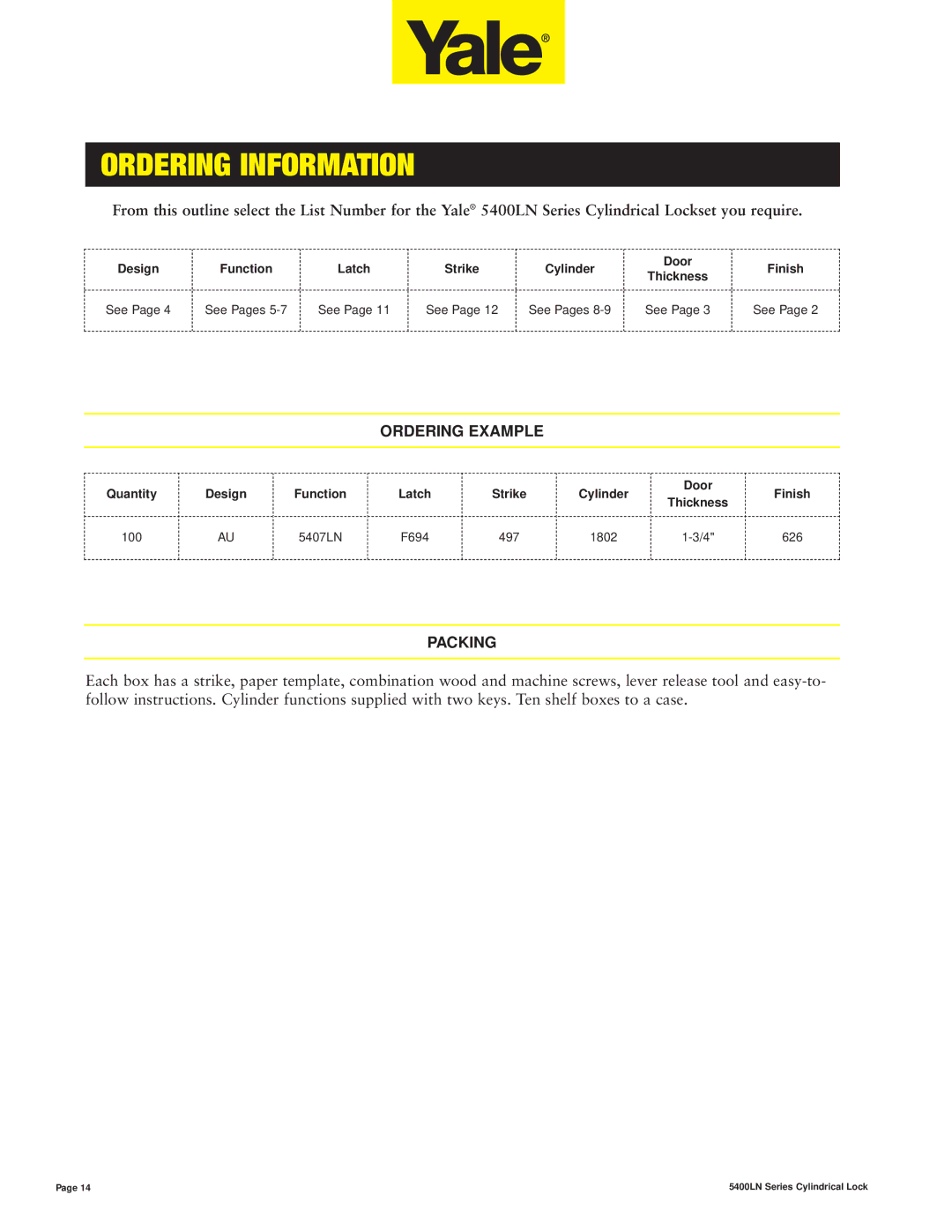 Assa 5400LN SERIES manual Ordering Information, Ordering Example, Packing 