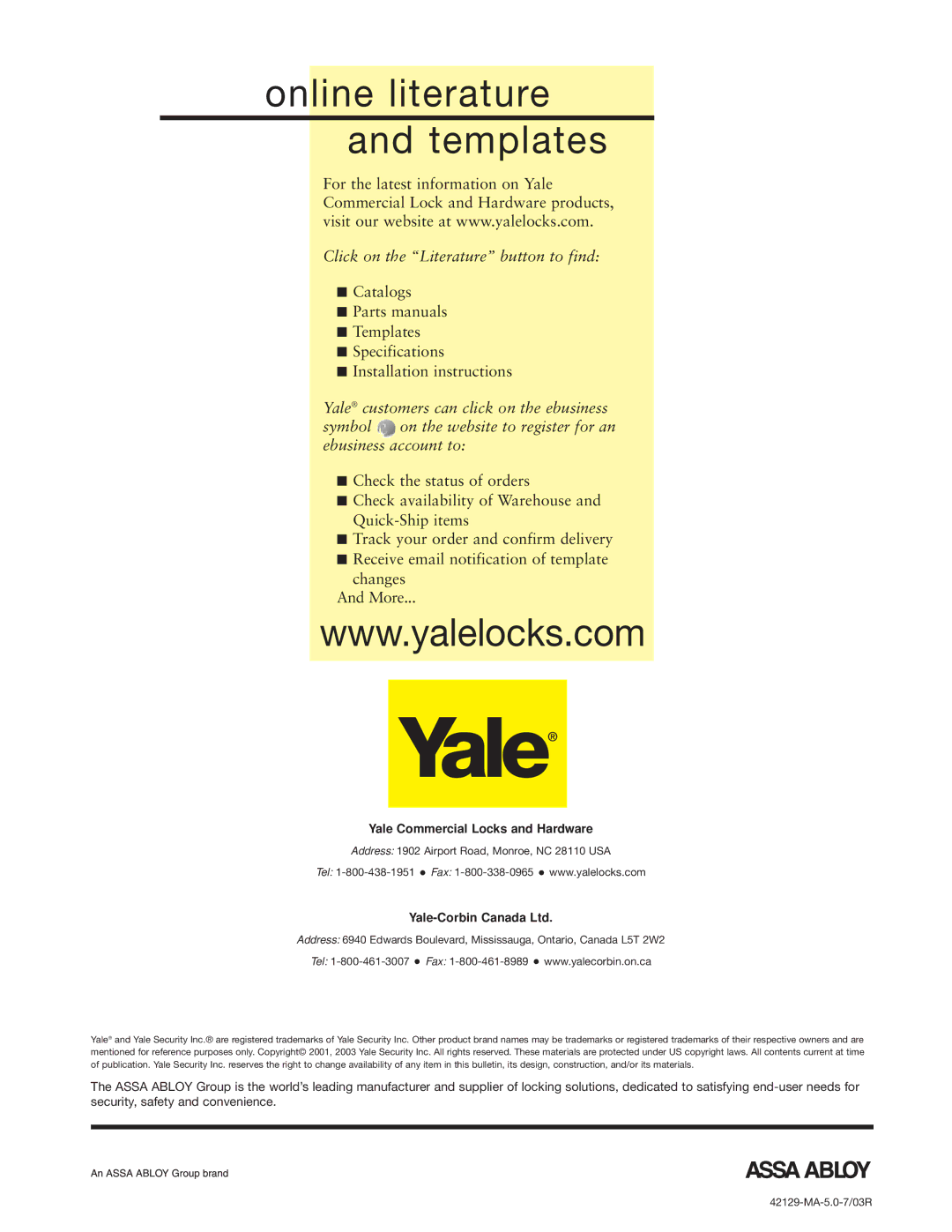 Assa 5400LN SERIES manual Online literature Templates, Yale Commercial Locks and Hardware 