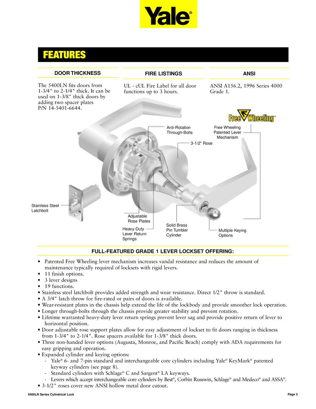 Assa 5400LN SERIES manual Features, Door Thickness, Fire Listings Ansi, FULL-FEATURED Grade 1 Lever Lockset Offering 