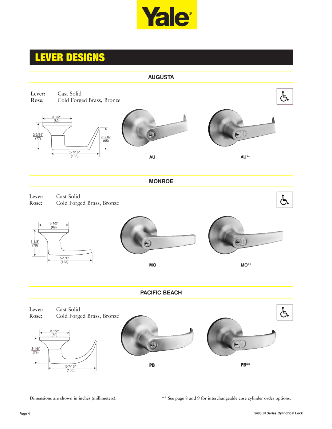 Assa 5400LN SERIES manual Lever Designs, Augusta, Monroe, Pacific Beach 