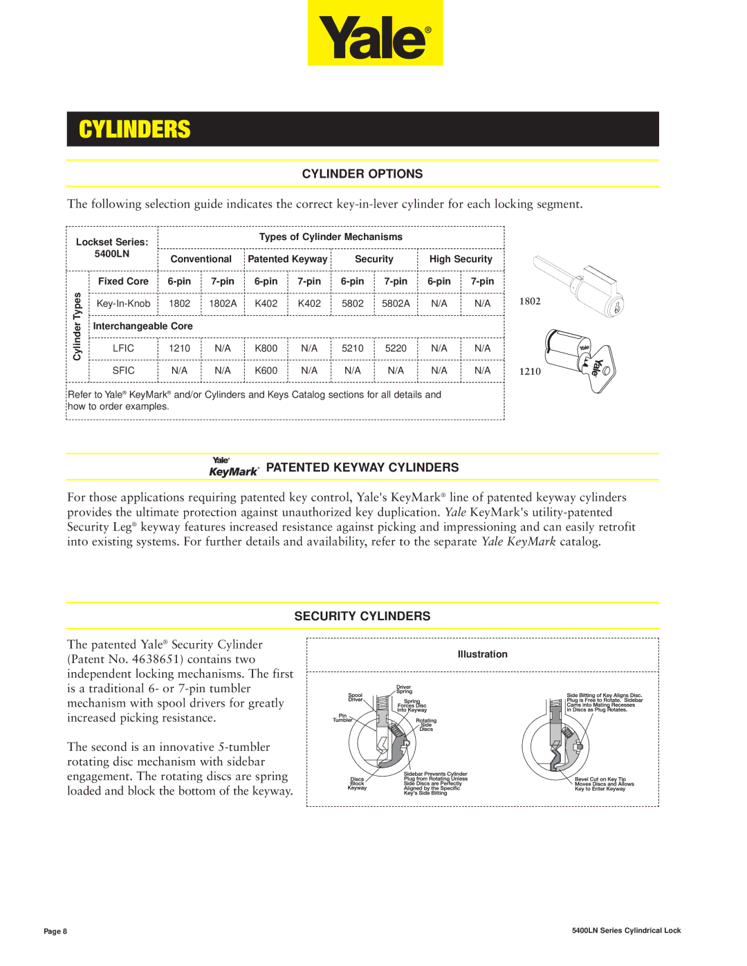 Assa 5400LN SERIES manual Cylinder Options, Patented Keyway Cylinders, Security Cylinders 