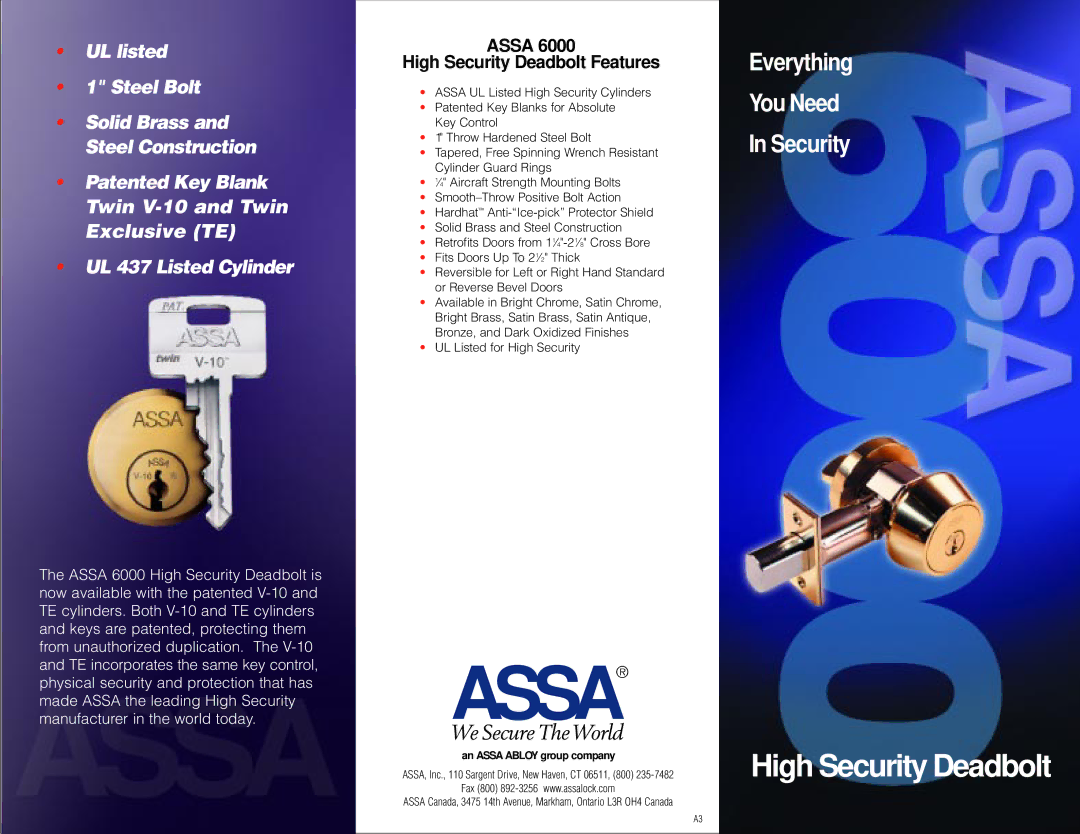 Assa 6000 manual Assa, High Security Deadbolt, You Need, Everything 