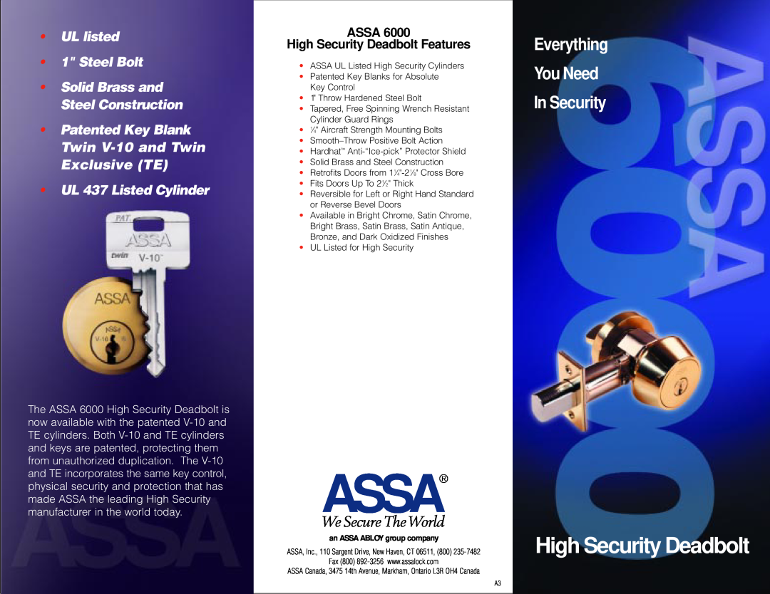 Assa 6000 manual Assa, High Security Deadbolt, You Need, Everything, In Security, We Secure The World 