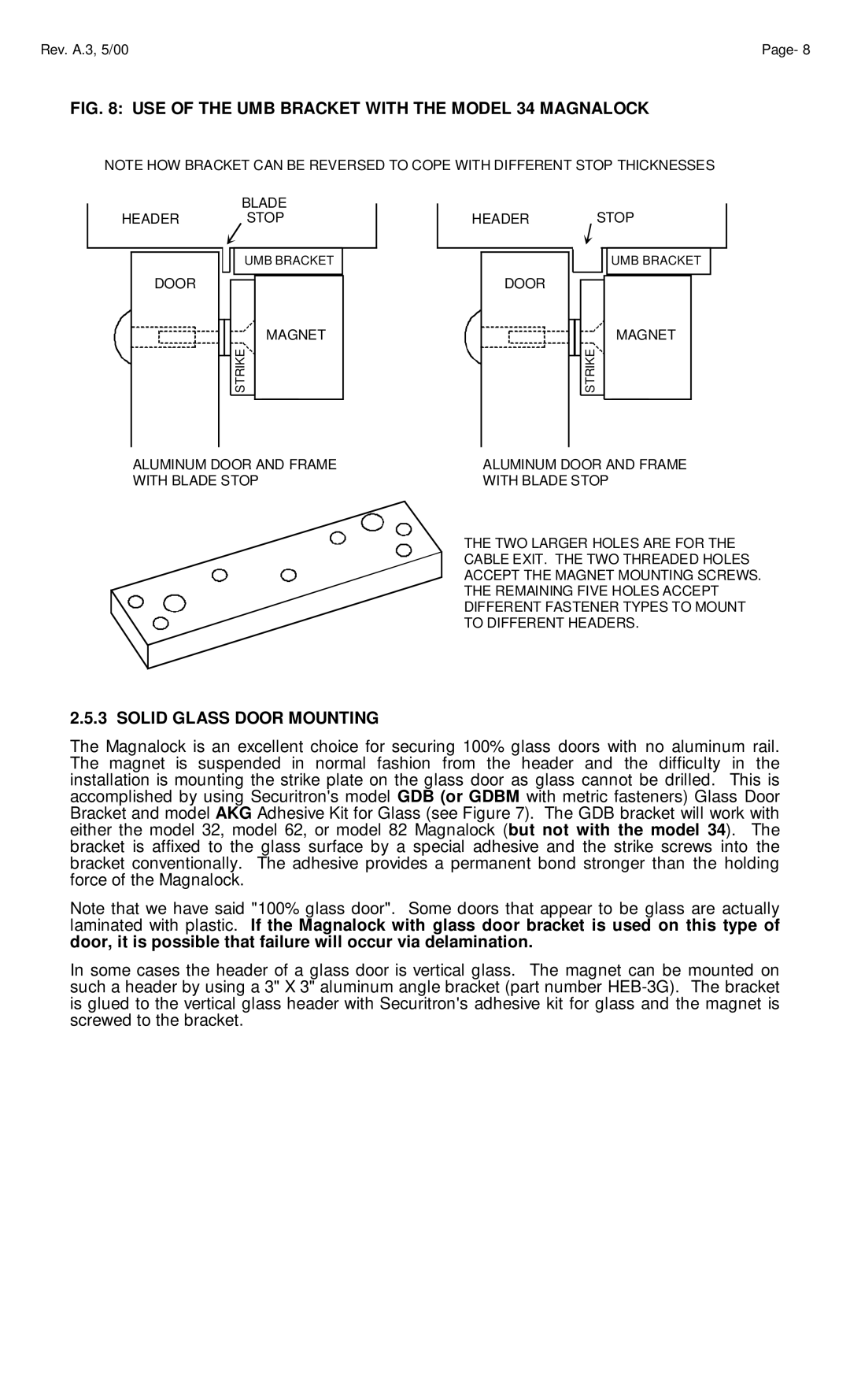 Assa 62, 82 manual USE of the UMB Bracket with the Model 34 Magnalock, Solid Glass Door Mounting 