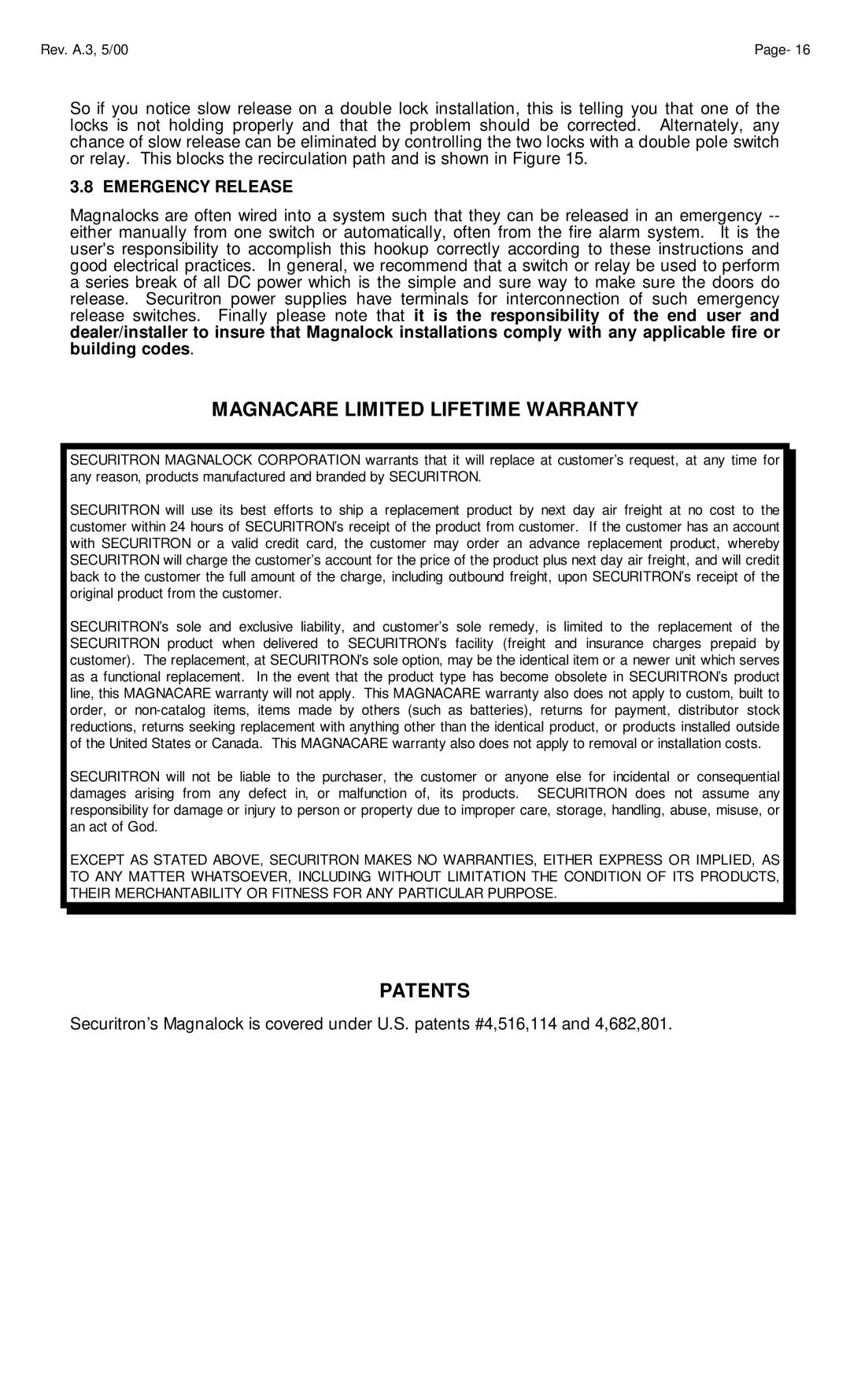 Assa 82, 62, 34 manual Magnacare Limited Lifetime Warranty, Patents, Emergency Release 