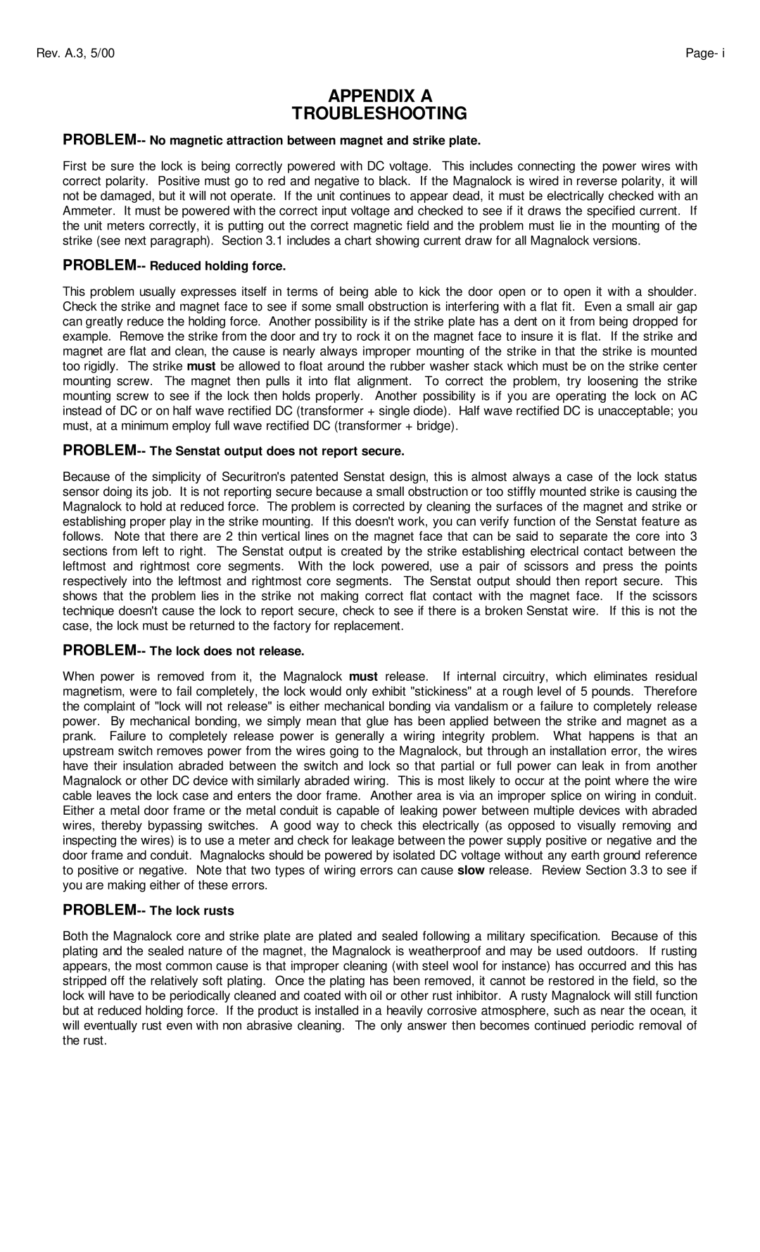 Assa 34, 62, 82 manual Appendix a Troubleshooting, PROBLEM-- Reduced holding force 