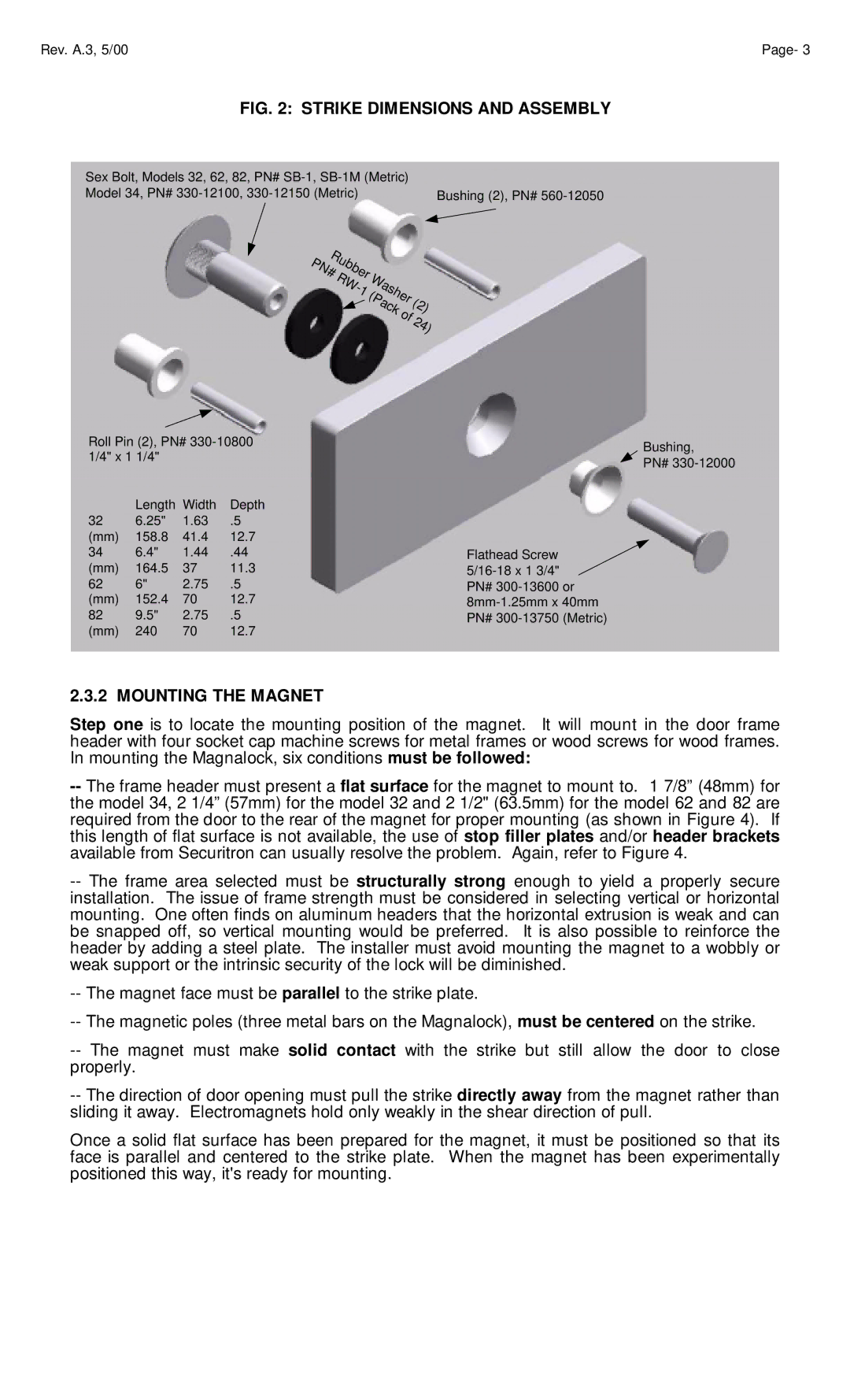 Assa 62, 82, 34 manual Strike Dimensions and Assembly, Mounting the Magnet 