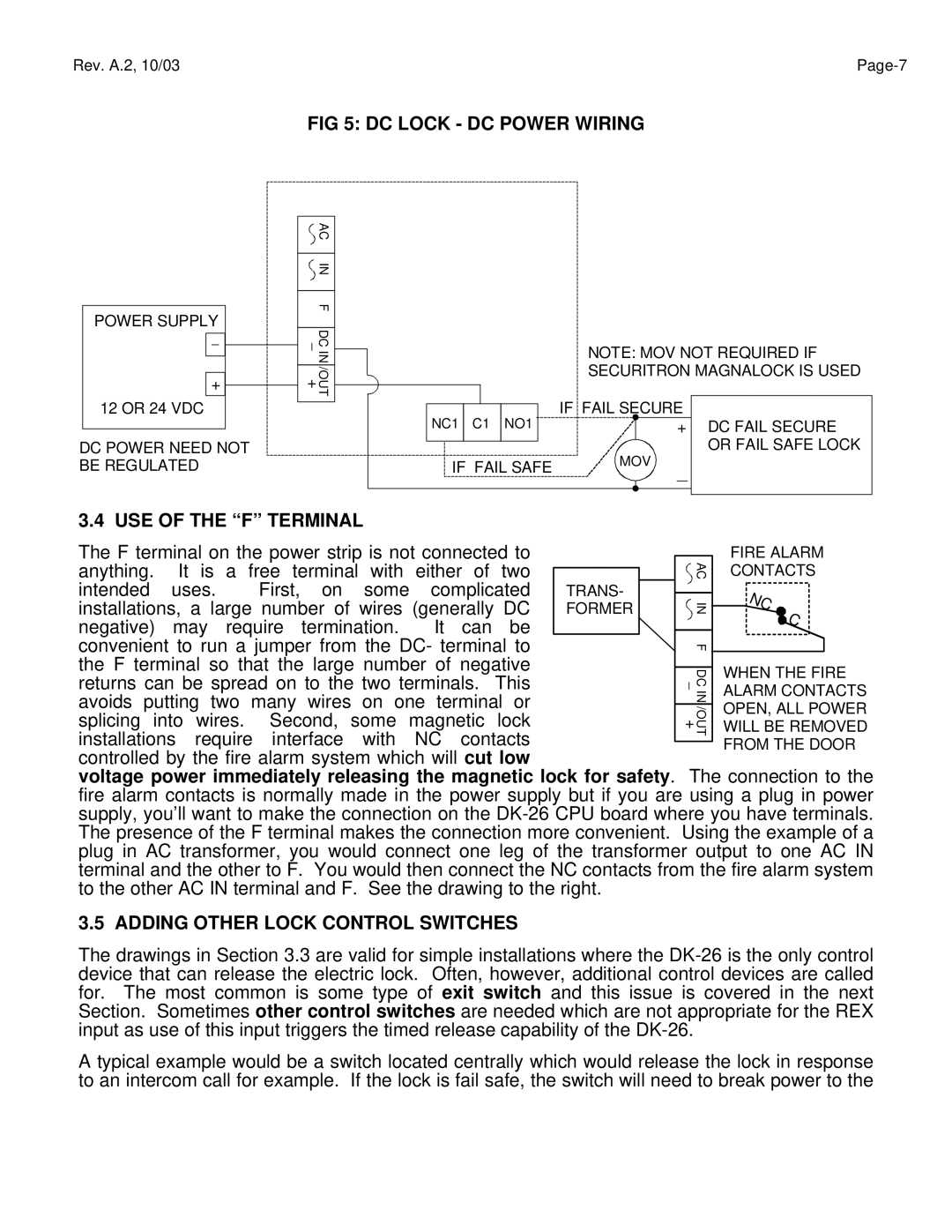 Assa DK-26 manual DC Lock DC Power Wiring, USE of the F Terminal, Adding Other Lock Control Switches 