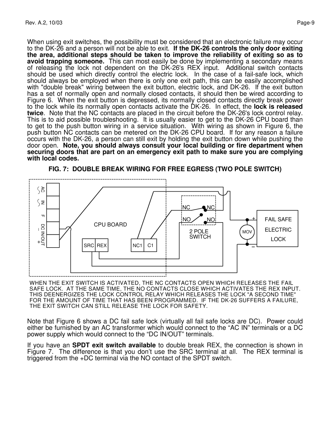 Assa DK-26 manual Double Break Wiring for Free Egress TWO Pole Switch 