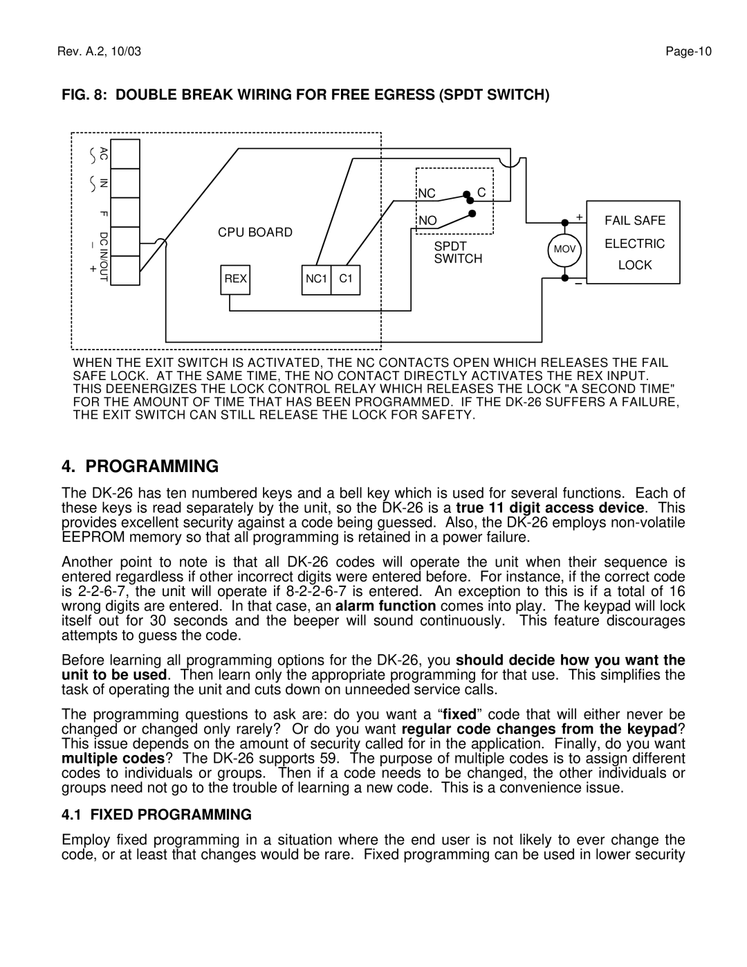 Assa DK-26 manual Fixed Programming 