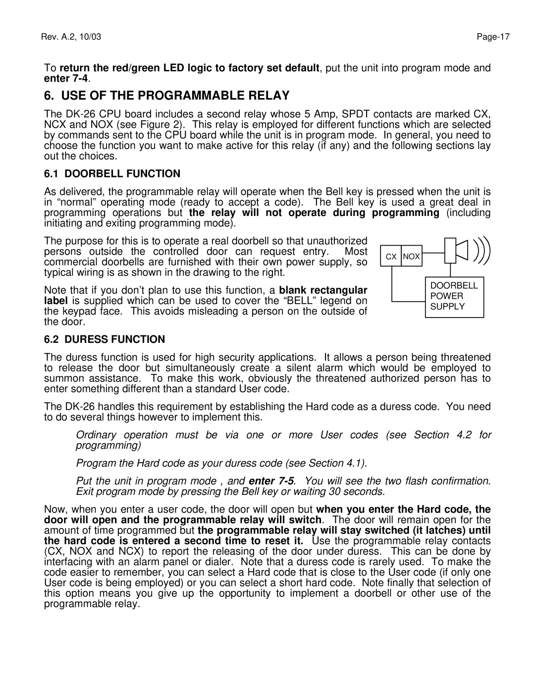 Assa DK-26 manual USE of the Programmable Relay, Doorbell Function, Duress Function 