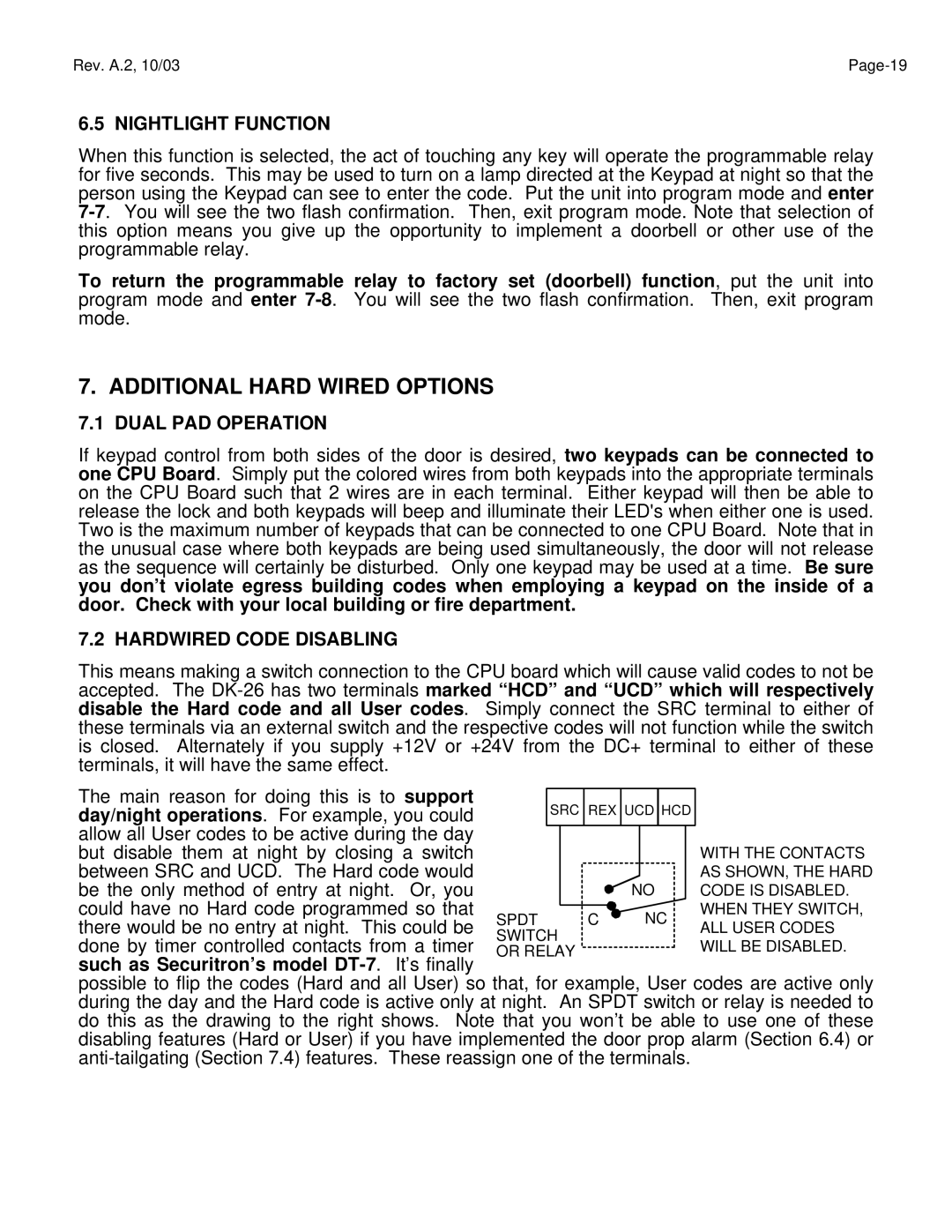 Assa DK-26 manual Additional Hard Wired Options, Nightlight Function, Dual PAD Operation, Hardwired Code Disabling 