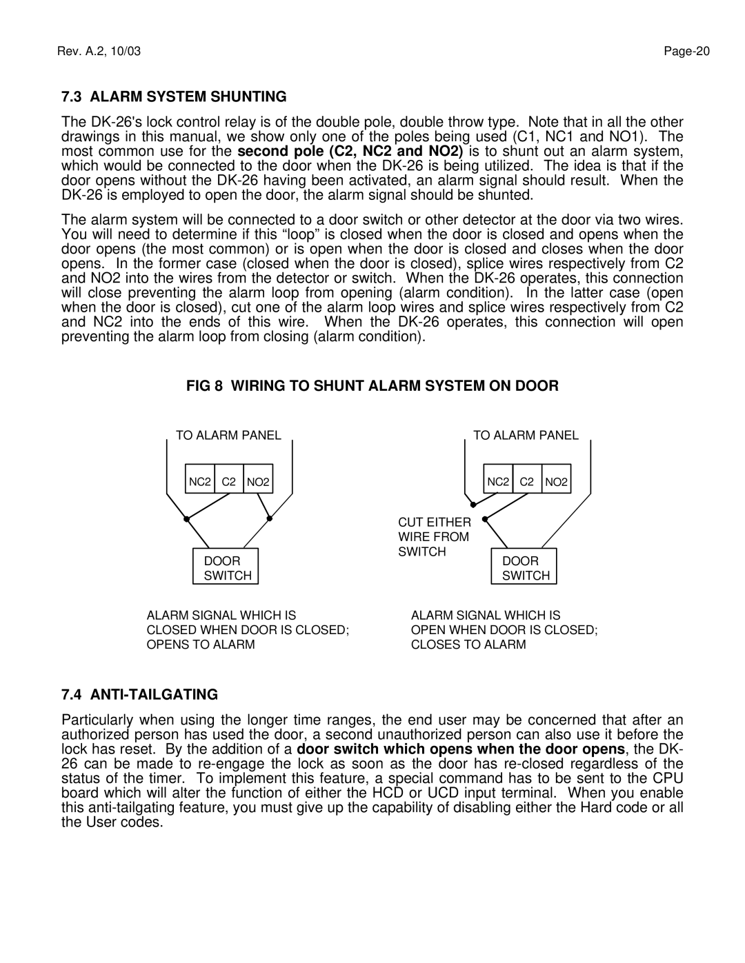 Assa DK-26 manual Alarm System Shunting, Wiring to Shunt Alarm System on Door, Anti-Tailgating 