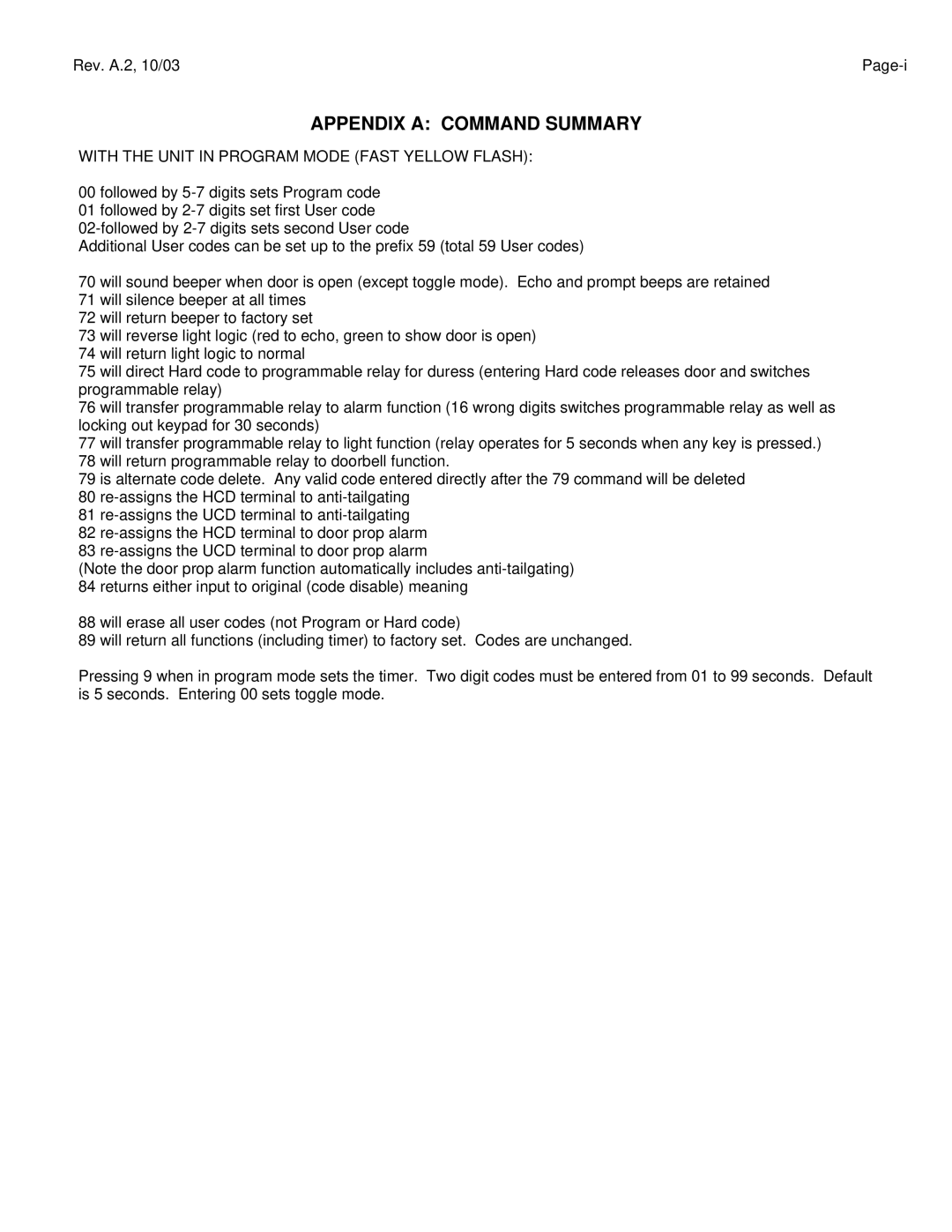 Assa DK-26 manual Appendix a Command Summary, With the Unit in Program Mode Fast Yellow Flash 