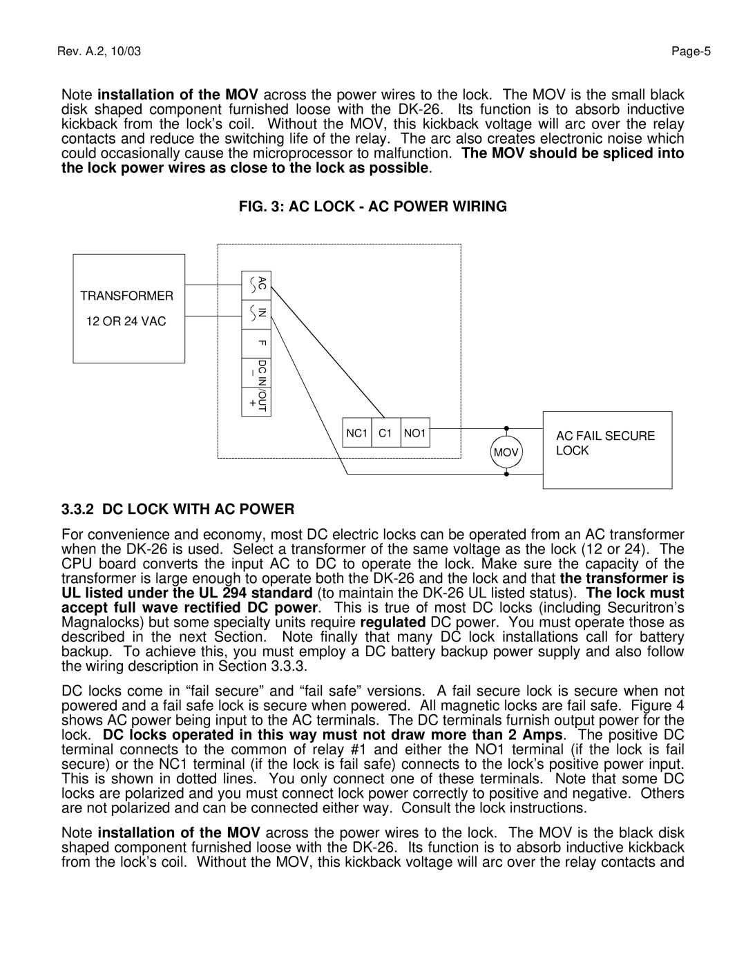 Assa DK-26 manual AC Lock AC Power Wiring, DC Lock with AC Power 