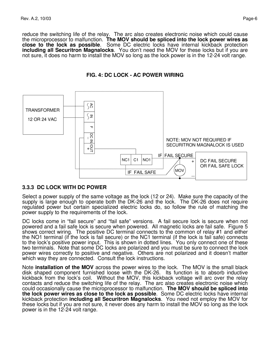 Assa DK-26 manual DC Lock AC Power Wiring, DC Lock with DC Power 