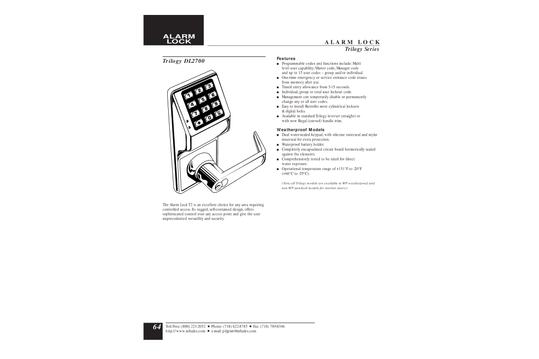 Assa DL2700 manual Features, Weatherproof Models 