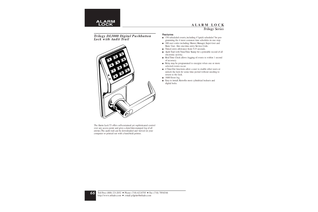 Assa DL2700 manual Trilogy DL3000 Digital Pushbutton Lock with Audit Trail 