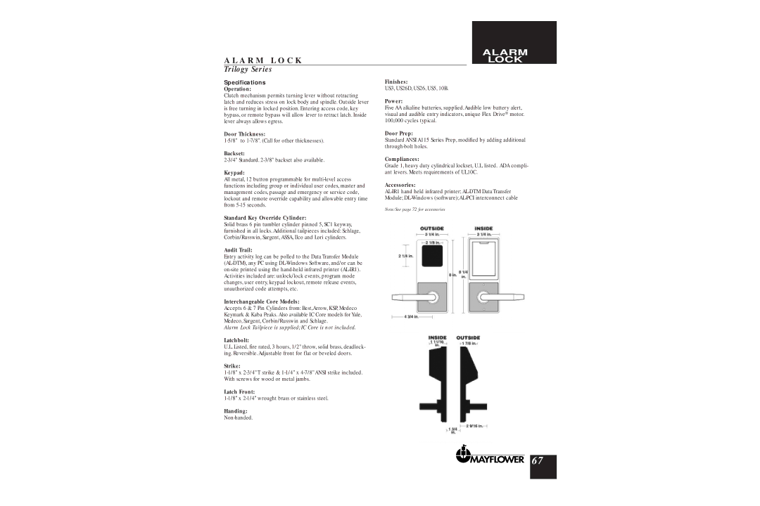 Assa DL2700 manual Door Thickness, Backset Finishes, Standard Key Override Cylinder, Audit Trail, Latch Front, Accessories 