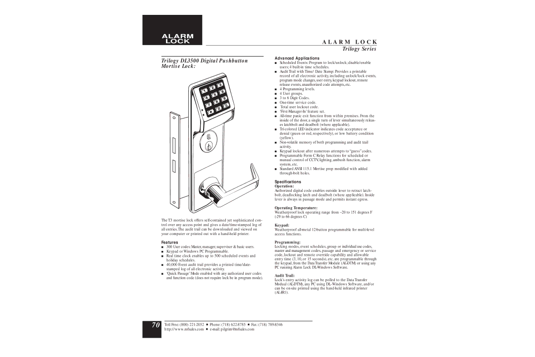 Assa DL2700 manual Trilogy DL3500 Digital Pushbutton Mortise Lock 