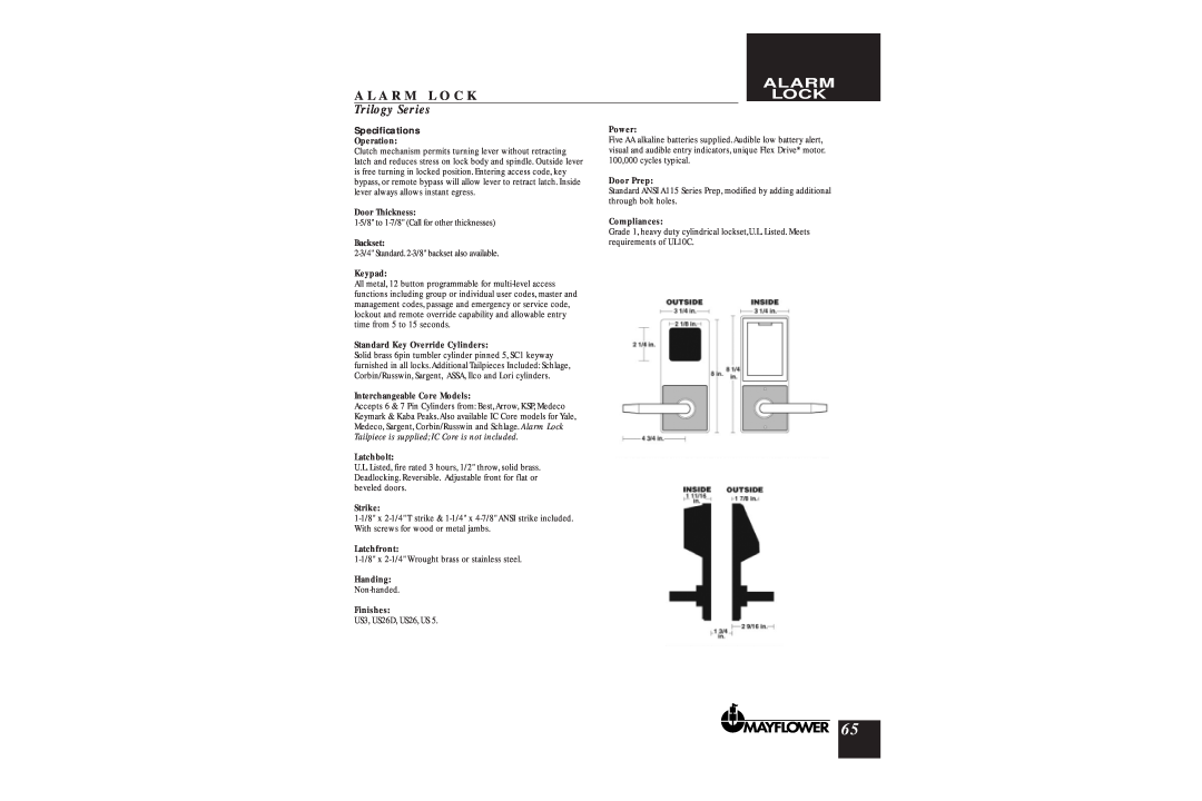 Assa DL2700 manual Specifications, Alarm Lock, A L A R M L O C K, Trilogy Series 