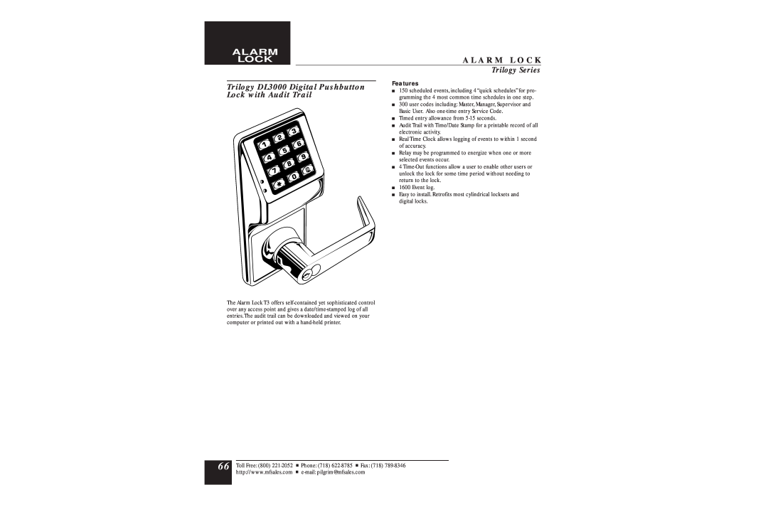 Assa DL2700 manual Trilogy DL3000 Digital Pushbutton Lock with Audit Trail, Alarm Lock, A L A R M L O C K, Trilogy Series 