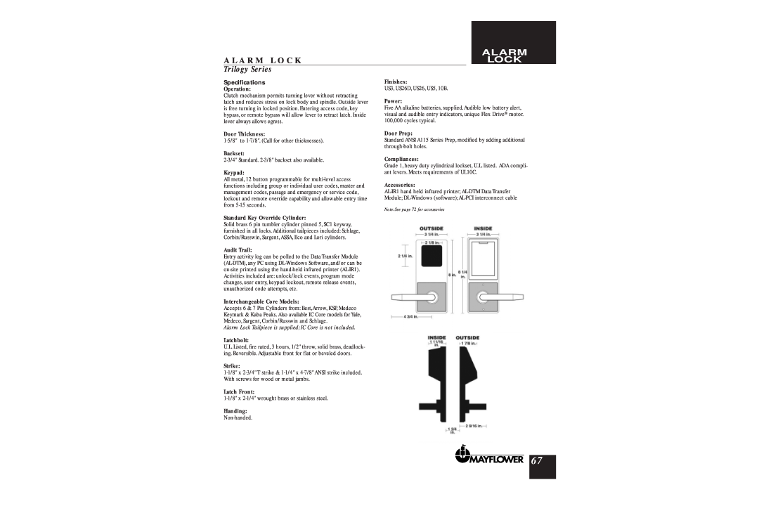 Assa DL2700 manual Alarm Lock, A L A R M L O C K, Trilogy Series, Specifications 