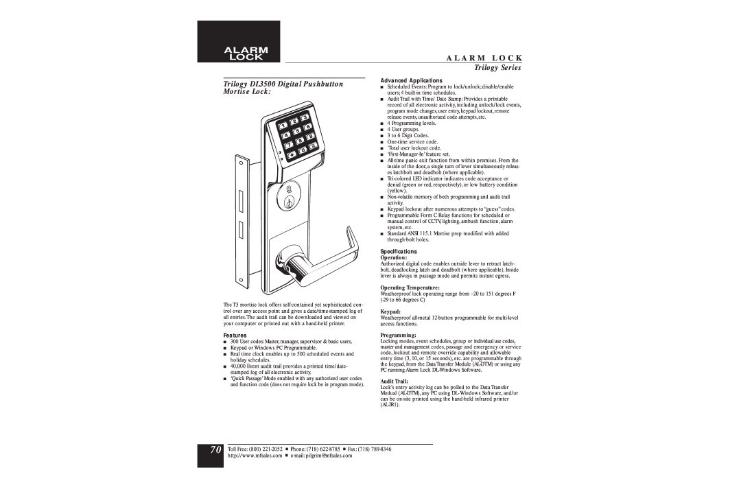 Assa DL2700 manual Trilogy DL3500 Digital Pushbutton Mortise Lock, Alarm Lock, A L A R M L O C K, Trilogy Series, Features 