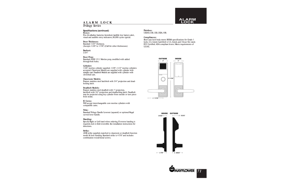 Assa DL2700 manual Alarm Lock, A L A R M L O C K, Trilogy Series, Specifications continued 