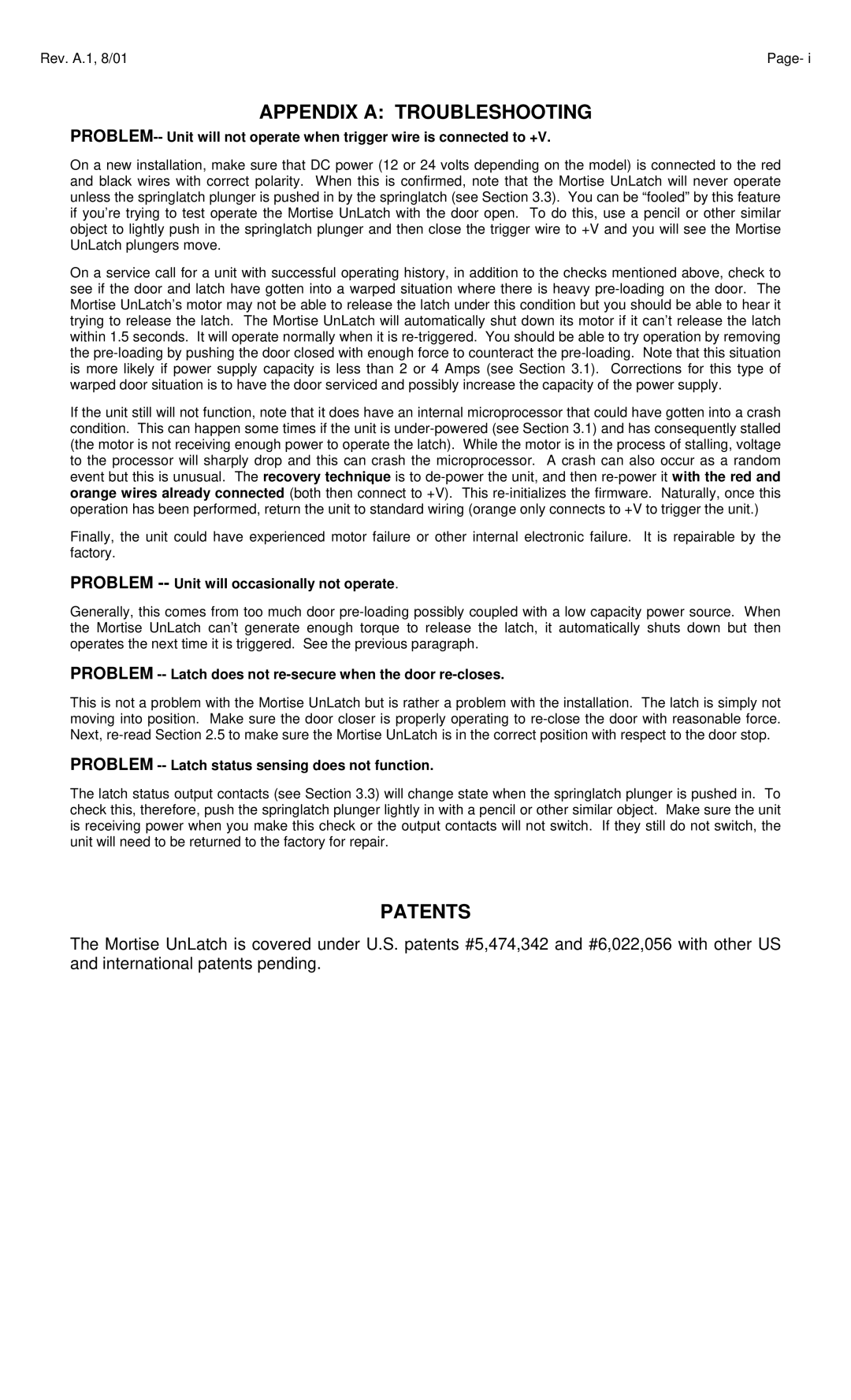 Assa Door Lock operating instructions Appendix a Troubleshooting, Patents 