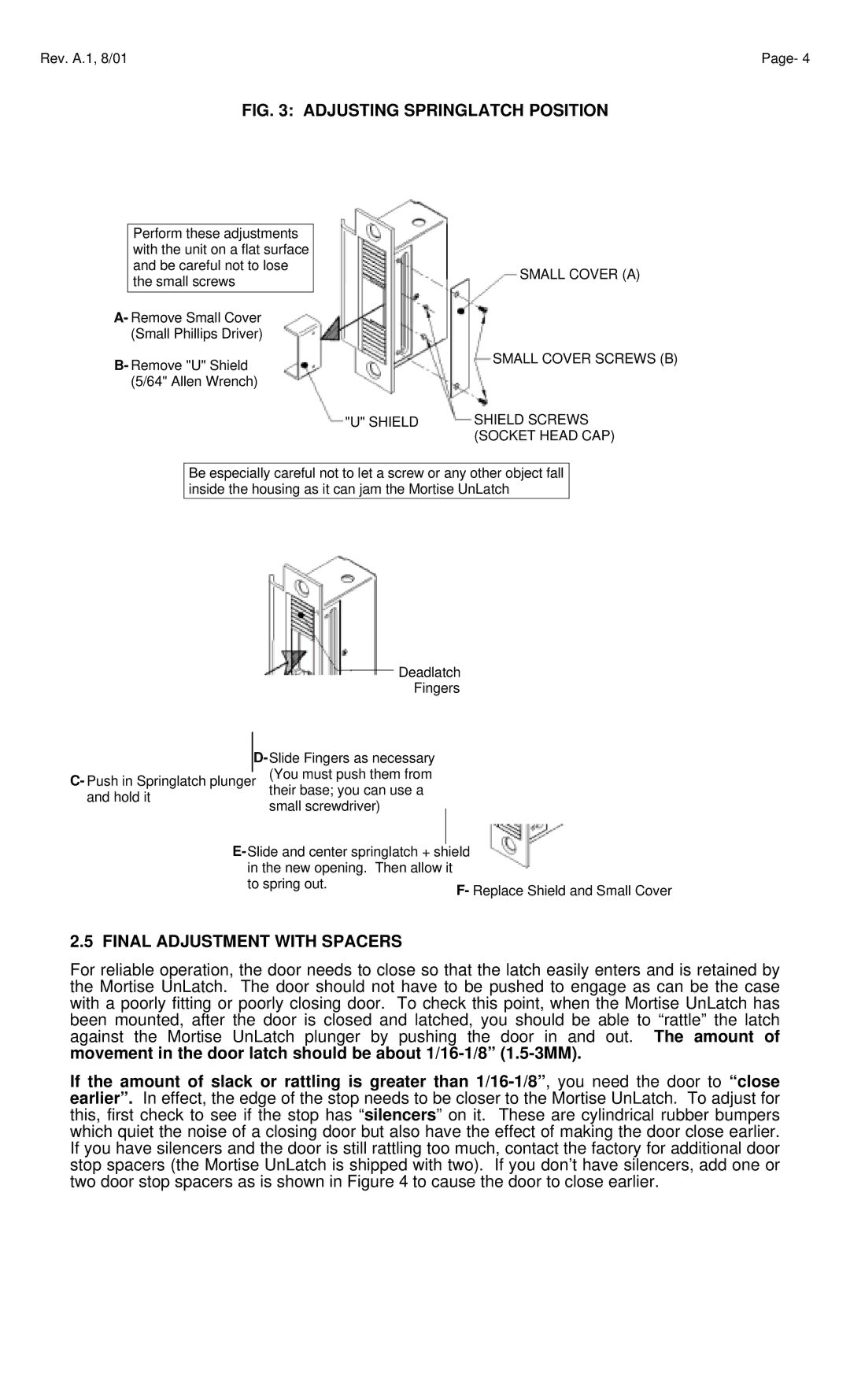 Assa Door Lock operating instructions Final Adjustment with Spacers 