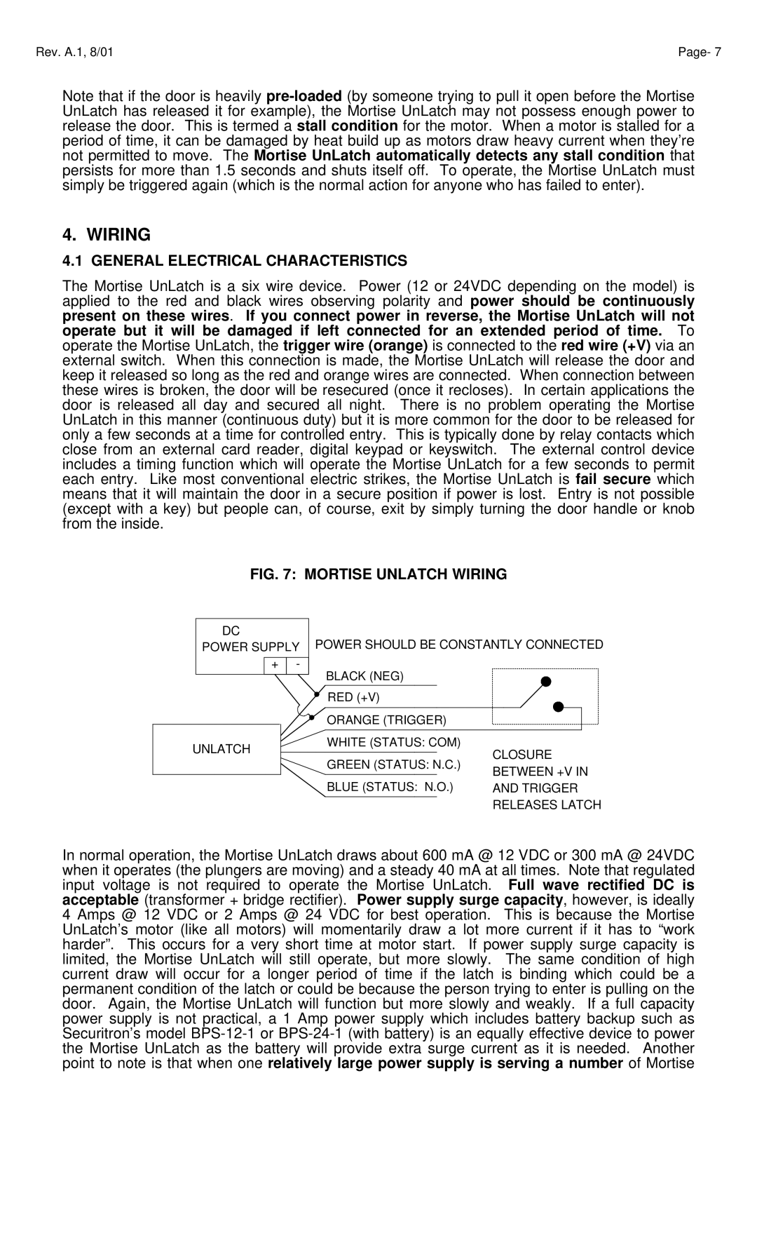 Assa Door Lock operating instructions Wiring, General Electrical Characteristics 