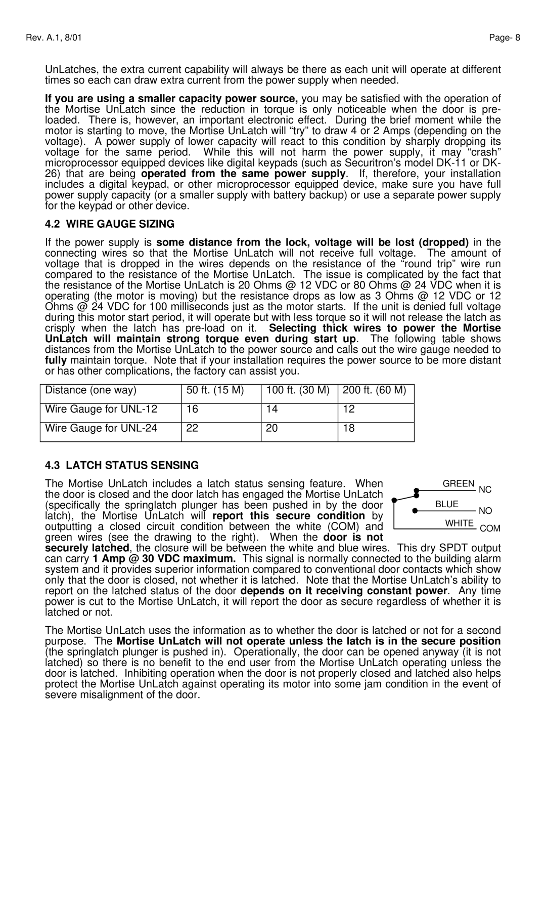 Assa Door Lock operating instructions Wire Gauge Sizing, Latch Status Sensing 