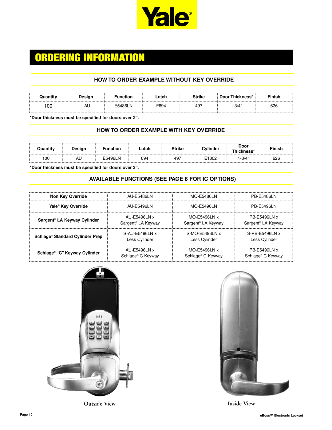 Assa E5496LN manual Ordering Information, HOW to Order Example Without KEY Override, HOW to Order Example with KEY Override 