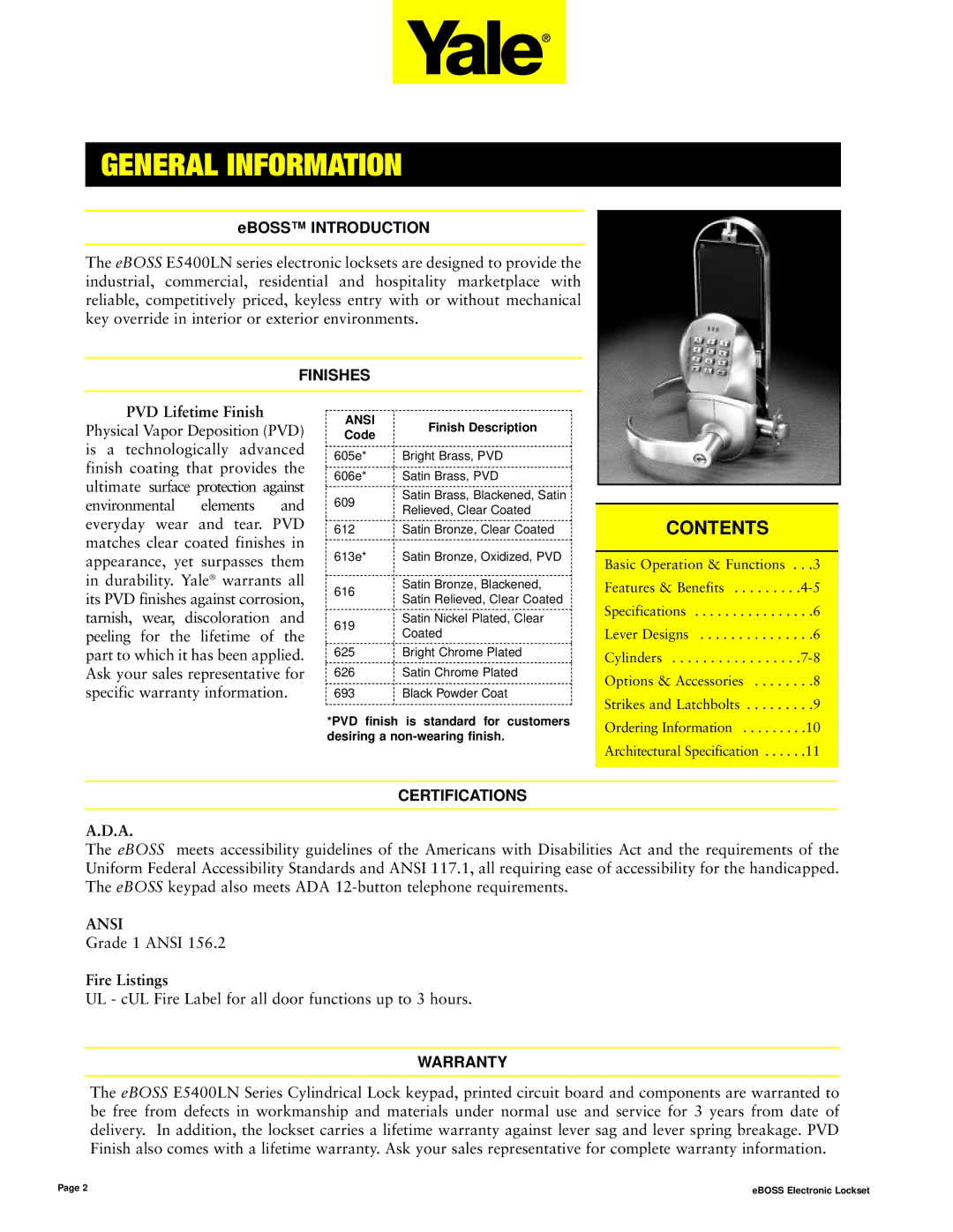 Assa E5496LN manual Gentitleral Information, Contents 