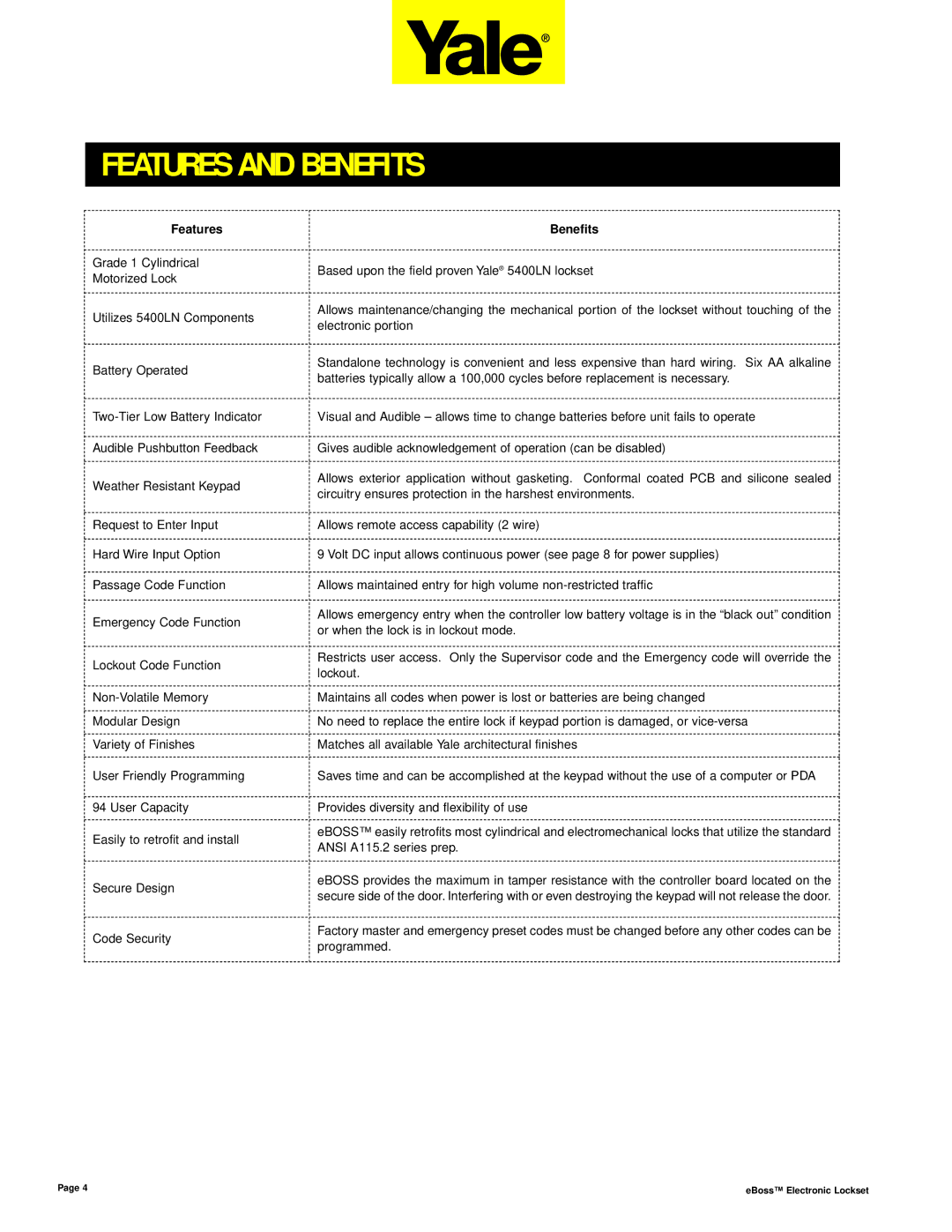 Assa E5496LN manual Features and Benefits, Features Benefits 